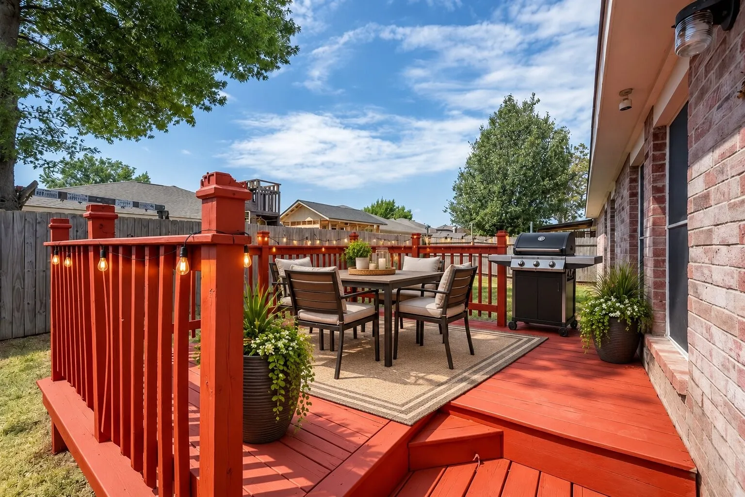 Expansive red-stained wood deck featuring built-in railing, direct access to the brick exterior, and a manicured lawn area