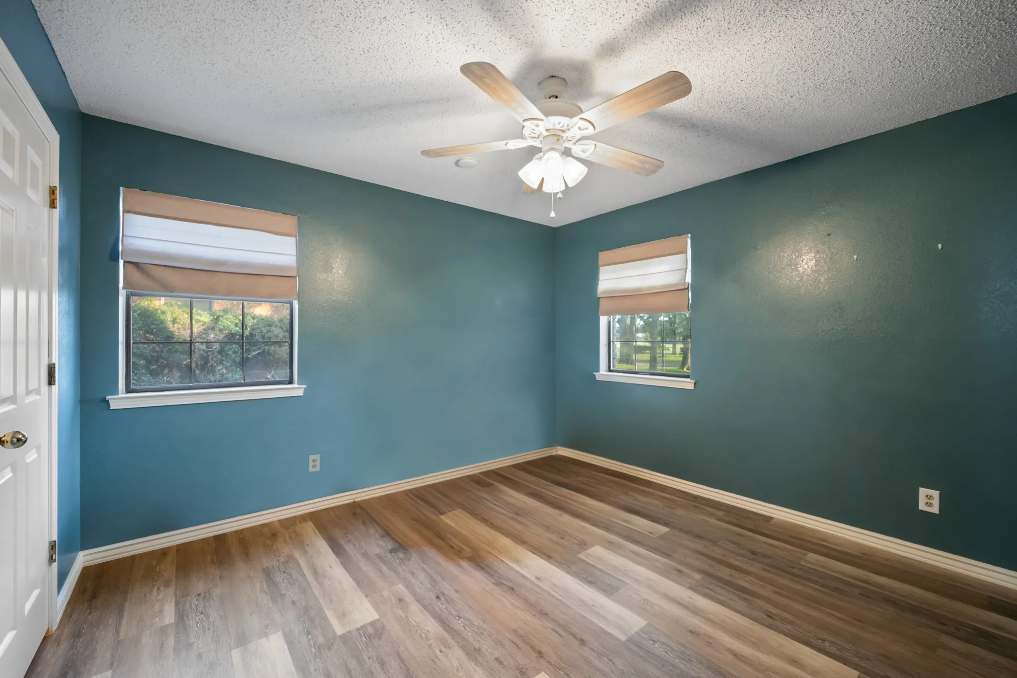 Wood-finish flooring, ceiling fan with light fixture, and two windows with window treatments