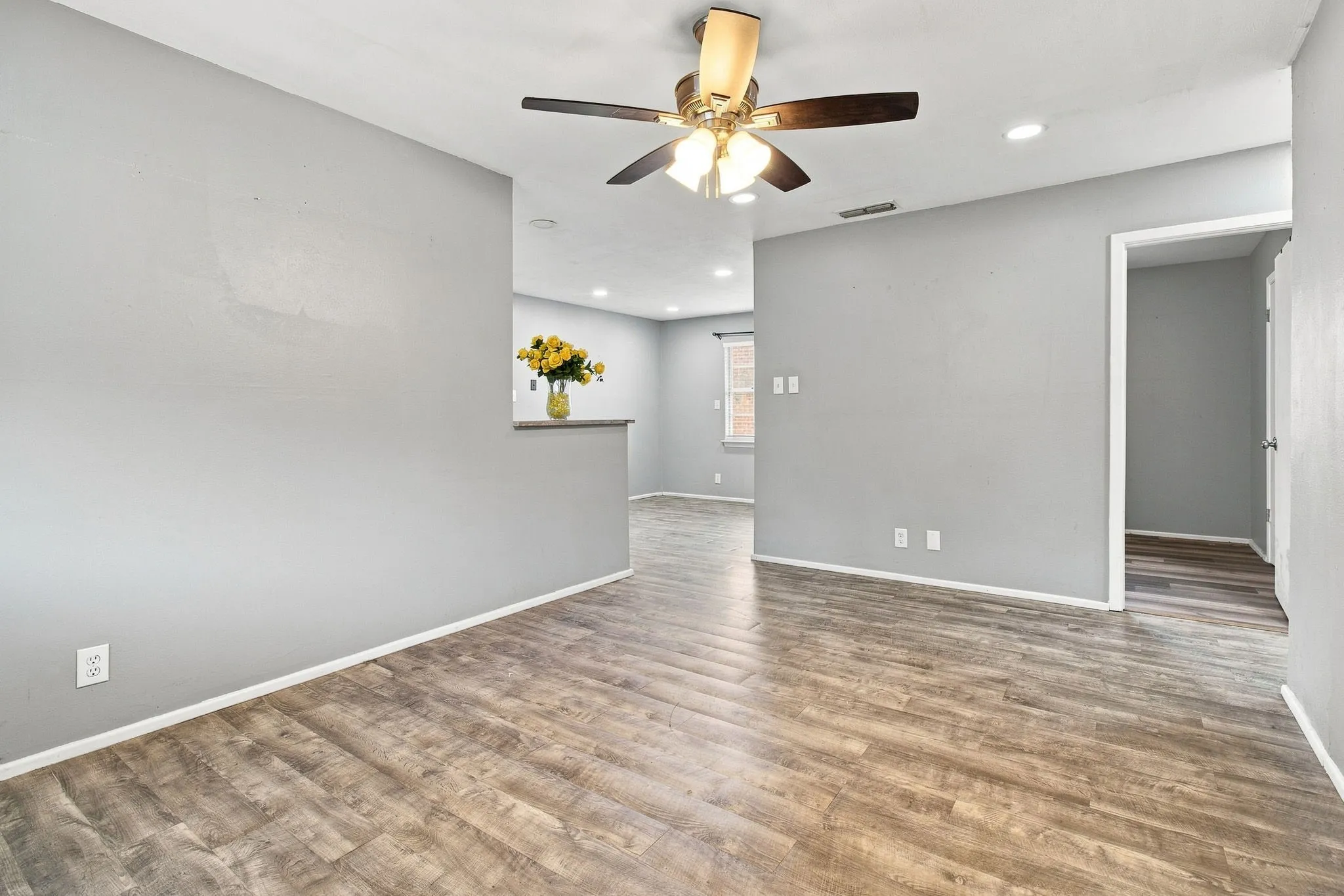 Wood-finish flooring throughout, ceiling fan with integrated lighting, recessed lighting, and a partial wall separation