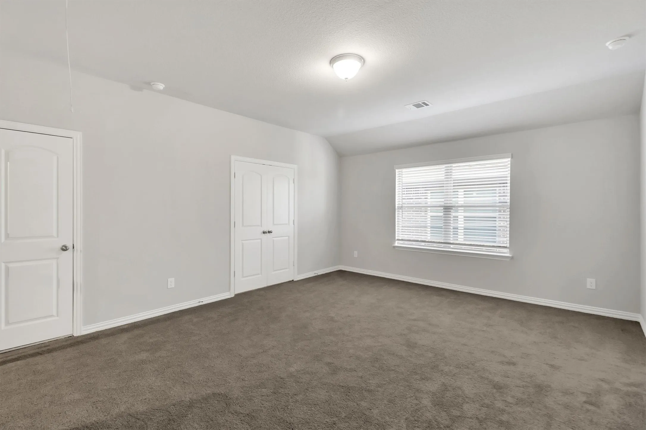 Spacious room with plush carpeting, two paneled doors, and a window featuring horizontal blinds