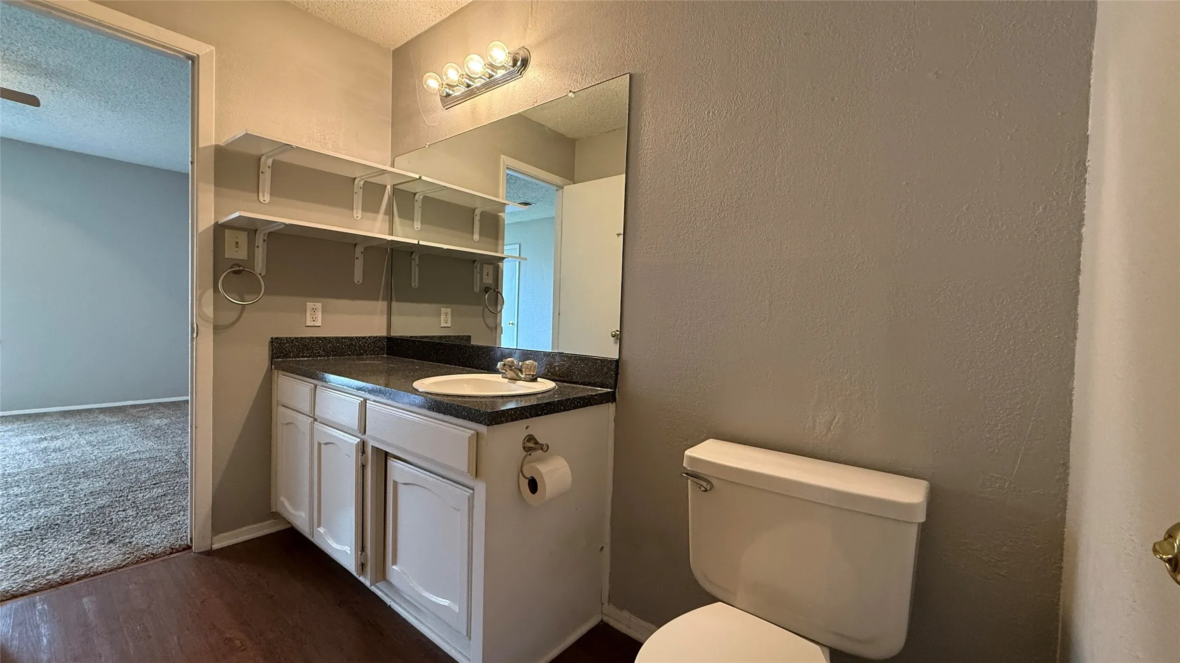 Bathroom with toilet, vanity, wood finished floors, and a textured ceiling