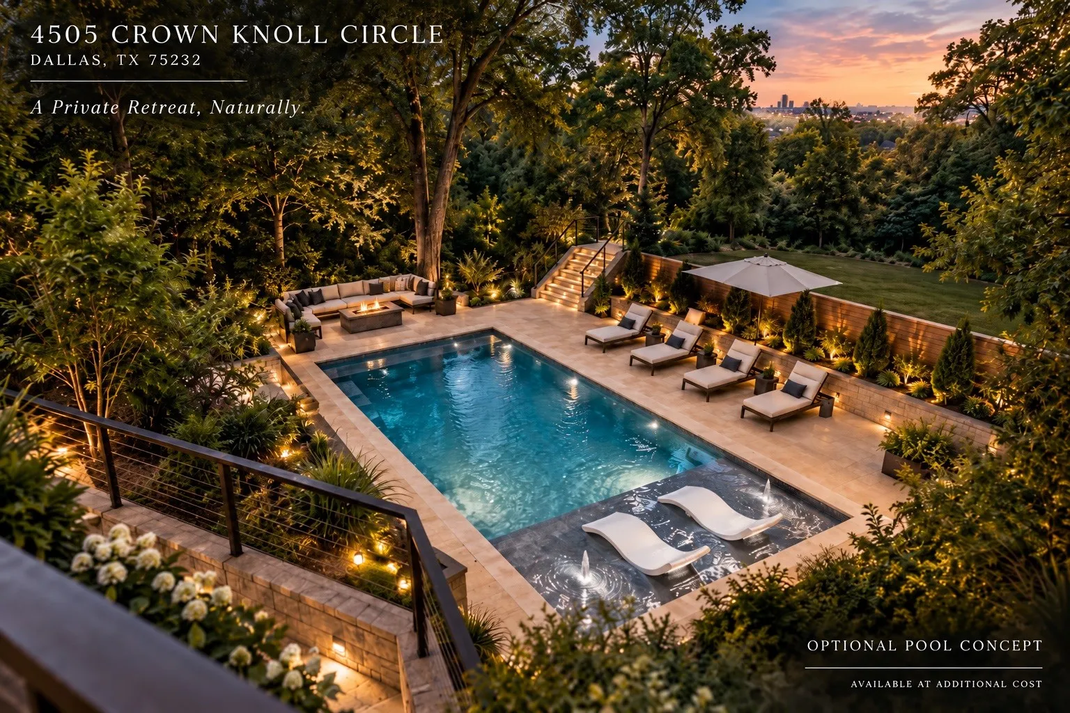 Expansive outdoor living area featuring a rectangular swimming pool, integrated spa ledge, and surrounding stone patio