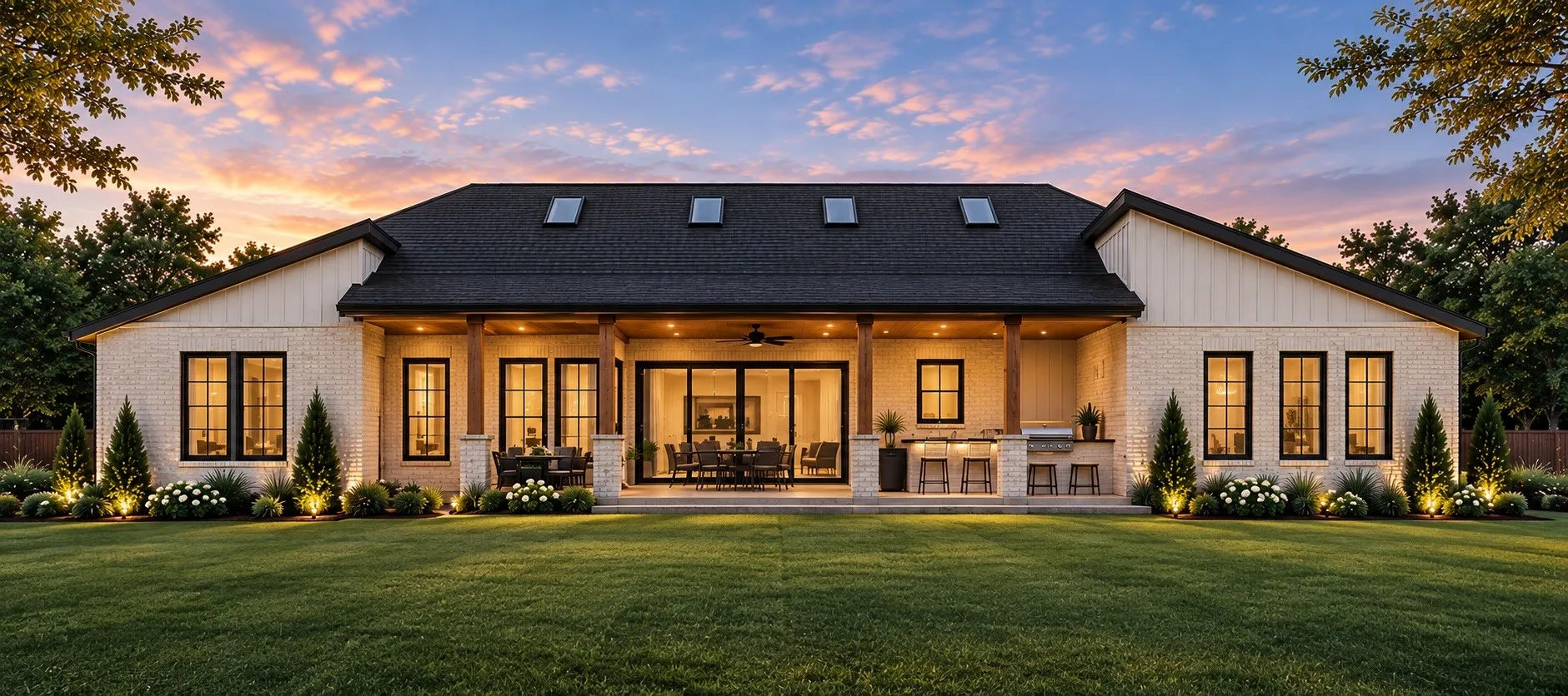Expansive rear exterior featuring a covered patio with recessed lighting, an outdoor kitchen with a built-in grill, multiple skylights, and a manicured lawn