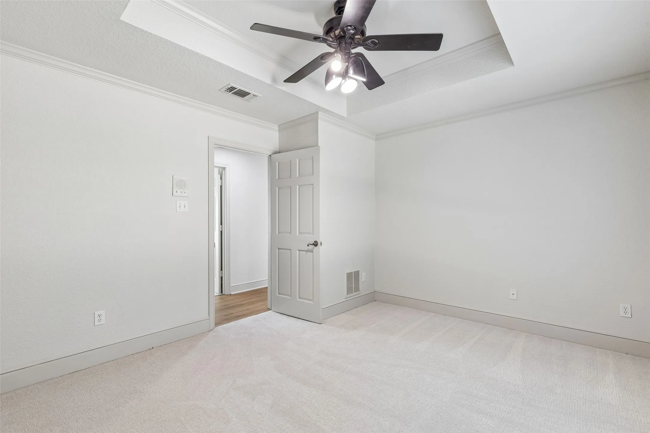 Tray ceiling with crown molding and ceiling fan, neutral wall paint, light-colored carpet flooring, and a paneled door