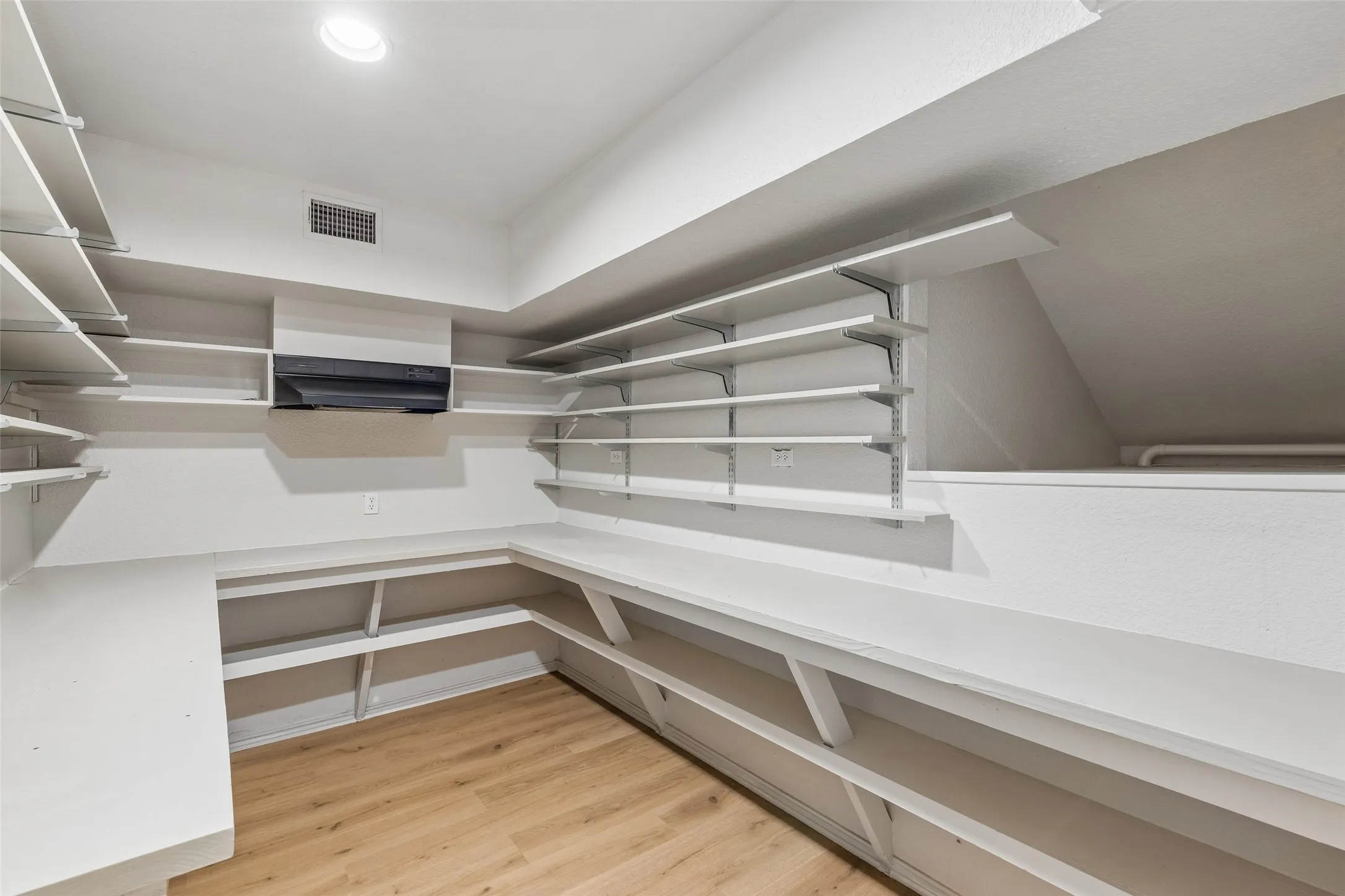 Expansive pantry featuring wood-finish flooring, recessed lighting, and extensive wall-mounted shelving