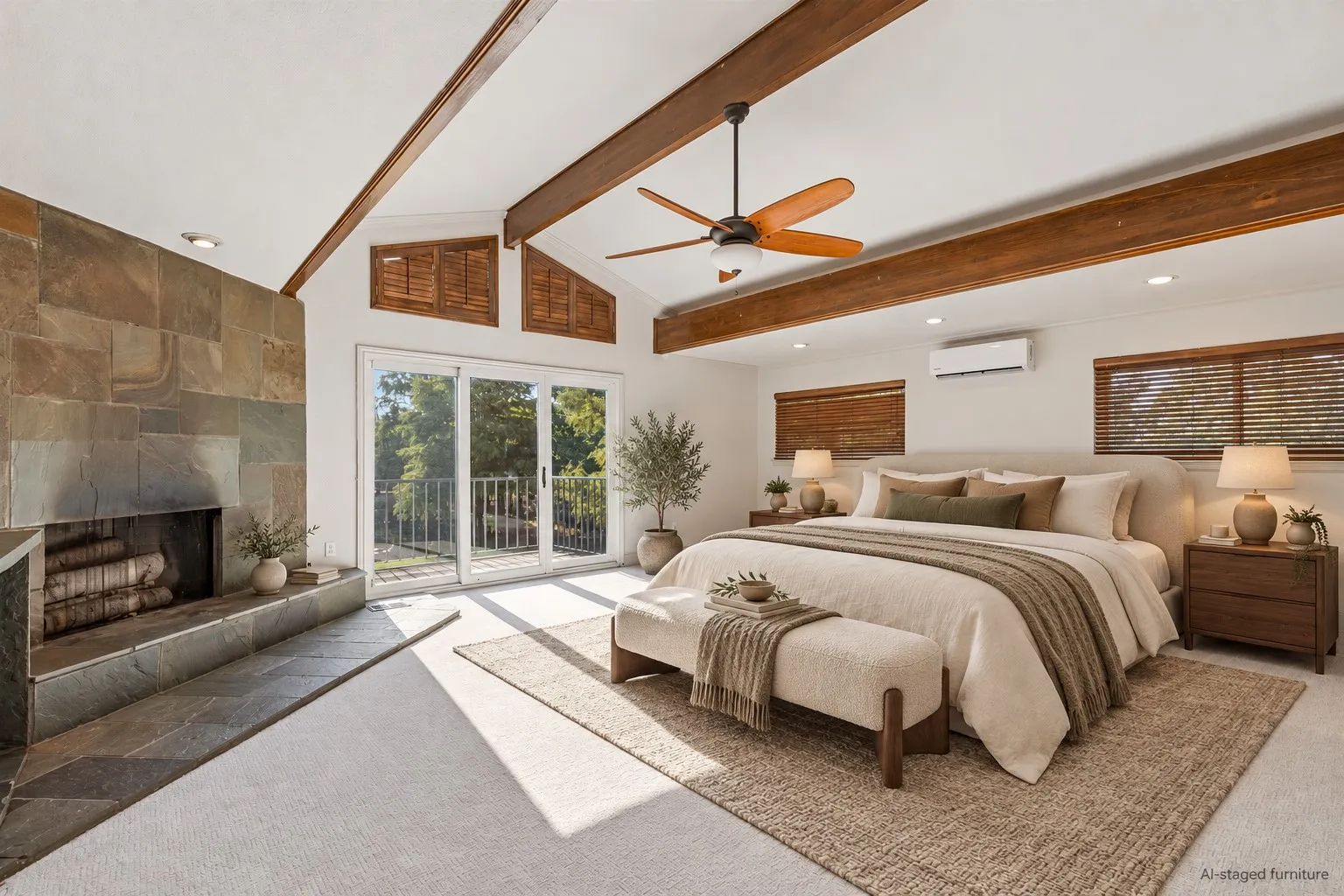 Vaulted ceilings with exposed wood beams, stone-clad fireplace, sliding glass doors to outdoor space, built-in air conditioning unit, and recessed lighting