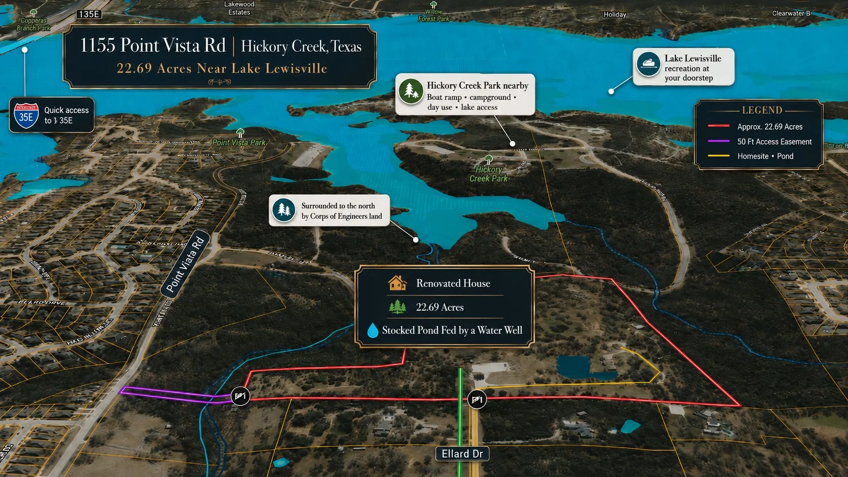 Property Map. Depicting the property's boundaries, access points, and features, along with surrounding land uses and water bodies