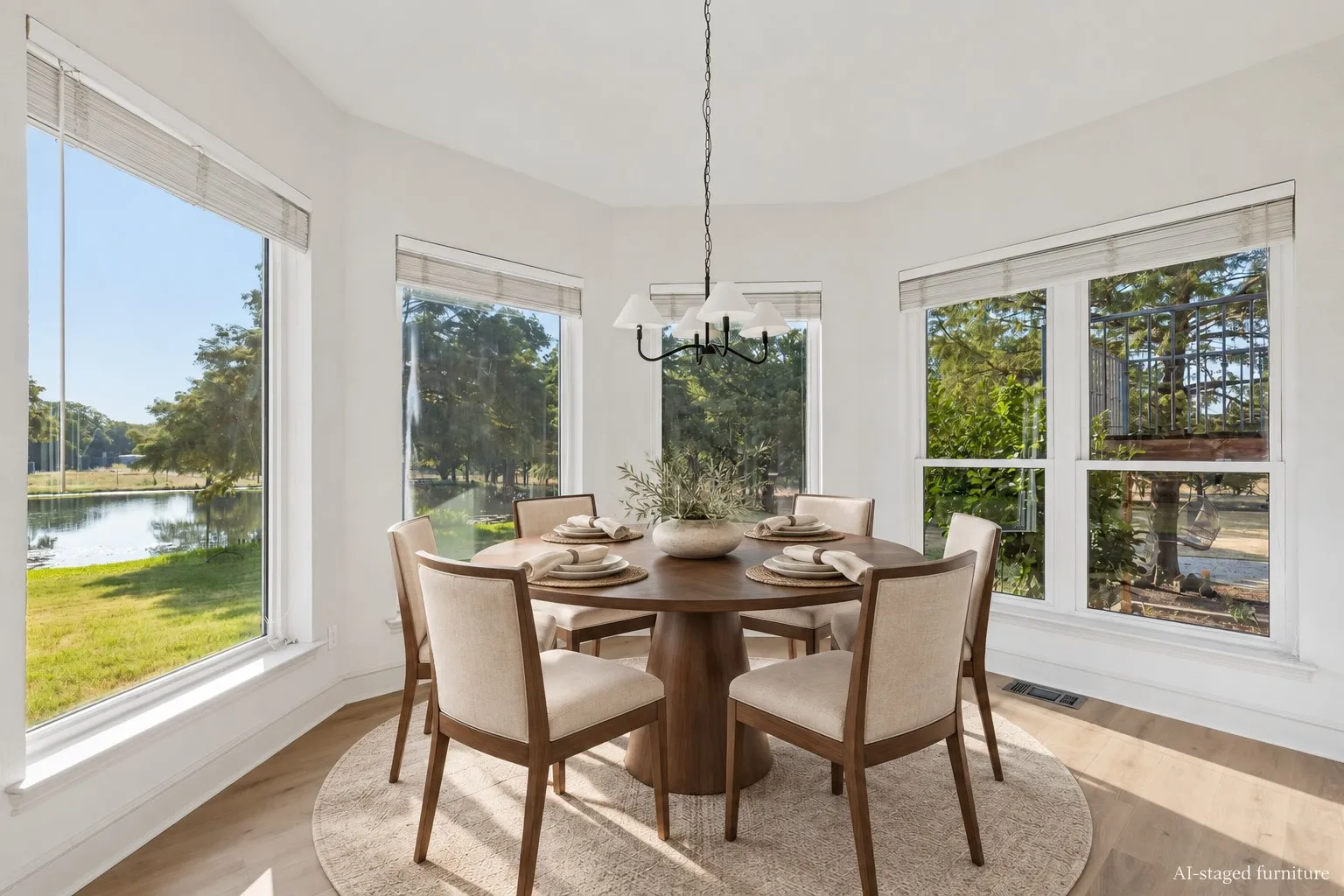 Bay window dining area with wood-finish flooring and a multi-light chandelier
