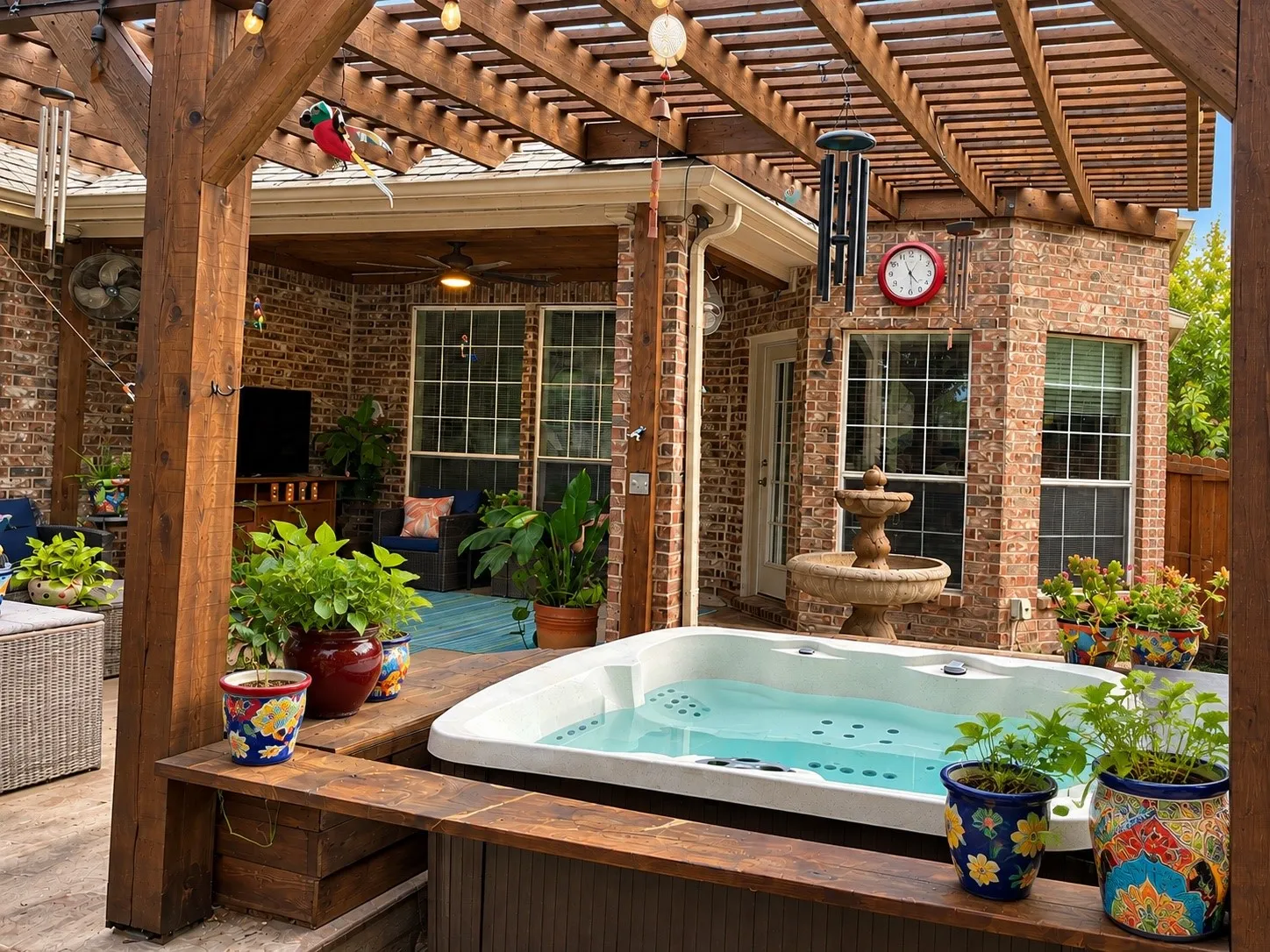 Expansive wooden pergola covering a built-in spa