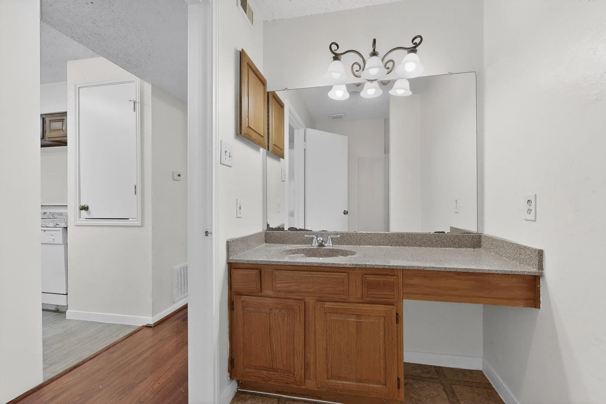 Bathroom with vanity and dark wood-style flooring