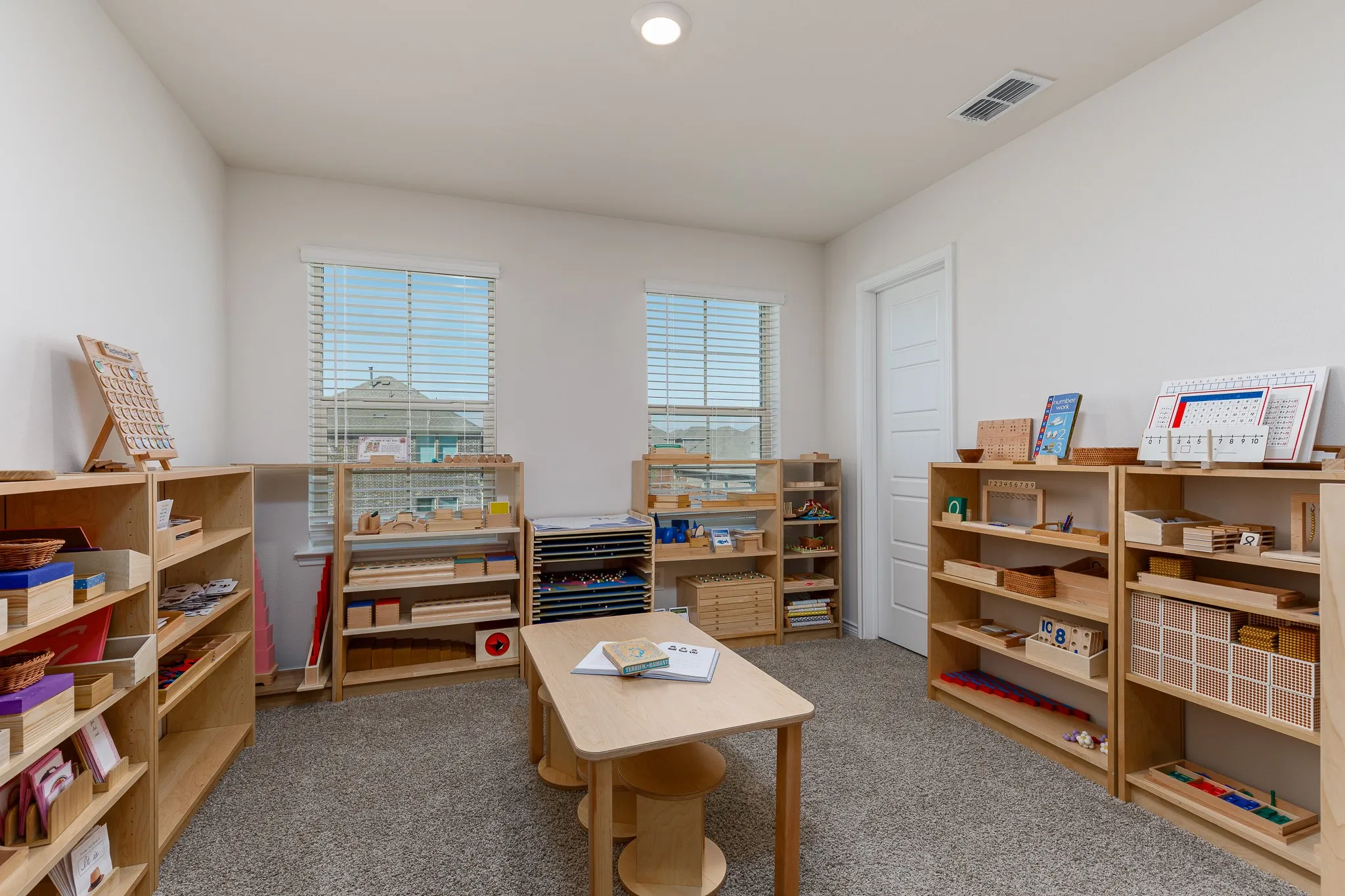 Textured carpet flooring, two windows with blinds, recessed ceiling lighting, and a white interior door