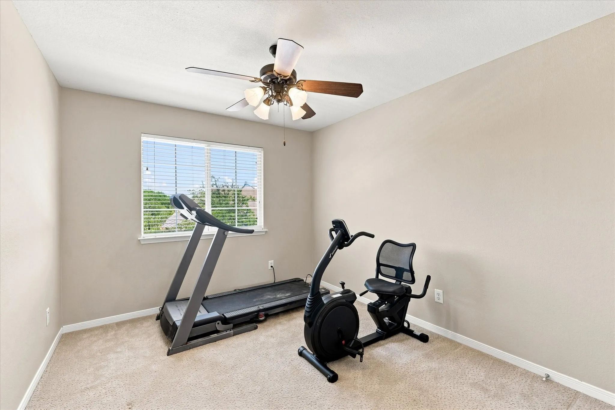 Neutral wall paint, ceiling fan, carpeted flooring, and a window with horizontal blinds