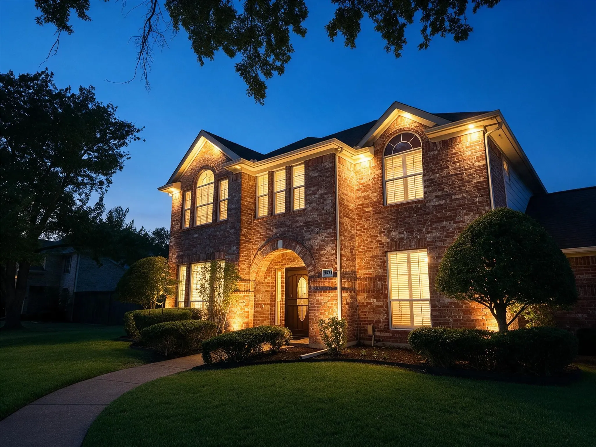 Brick exterior with arched entry, multiple windows, and a curved sidewalk