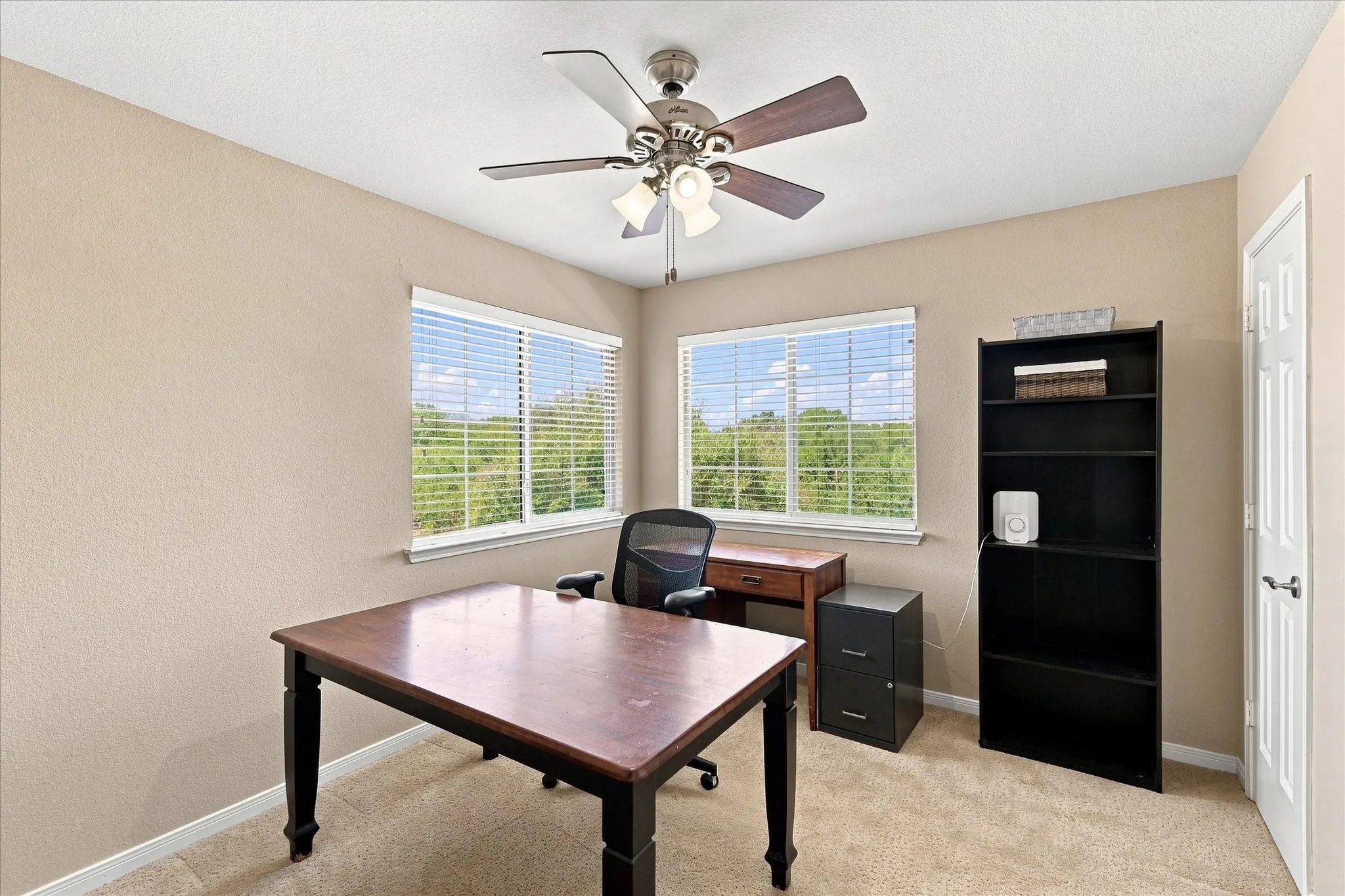 Carpeted flooring, two windows with blinds, ceiling fan with integrated lighting, and a paneled interior door