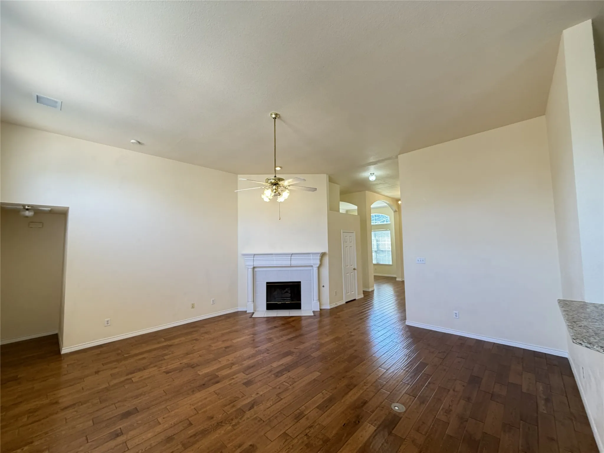 Vaulted ceilings, wood-finish flooring, and a fireplace with a mantel