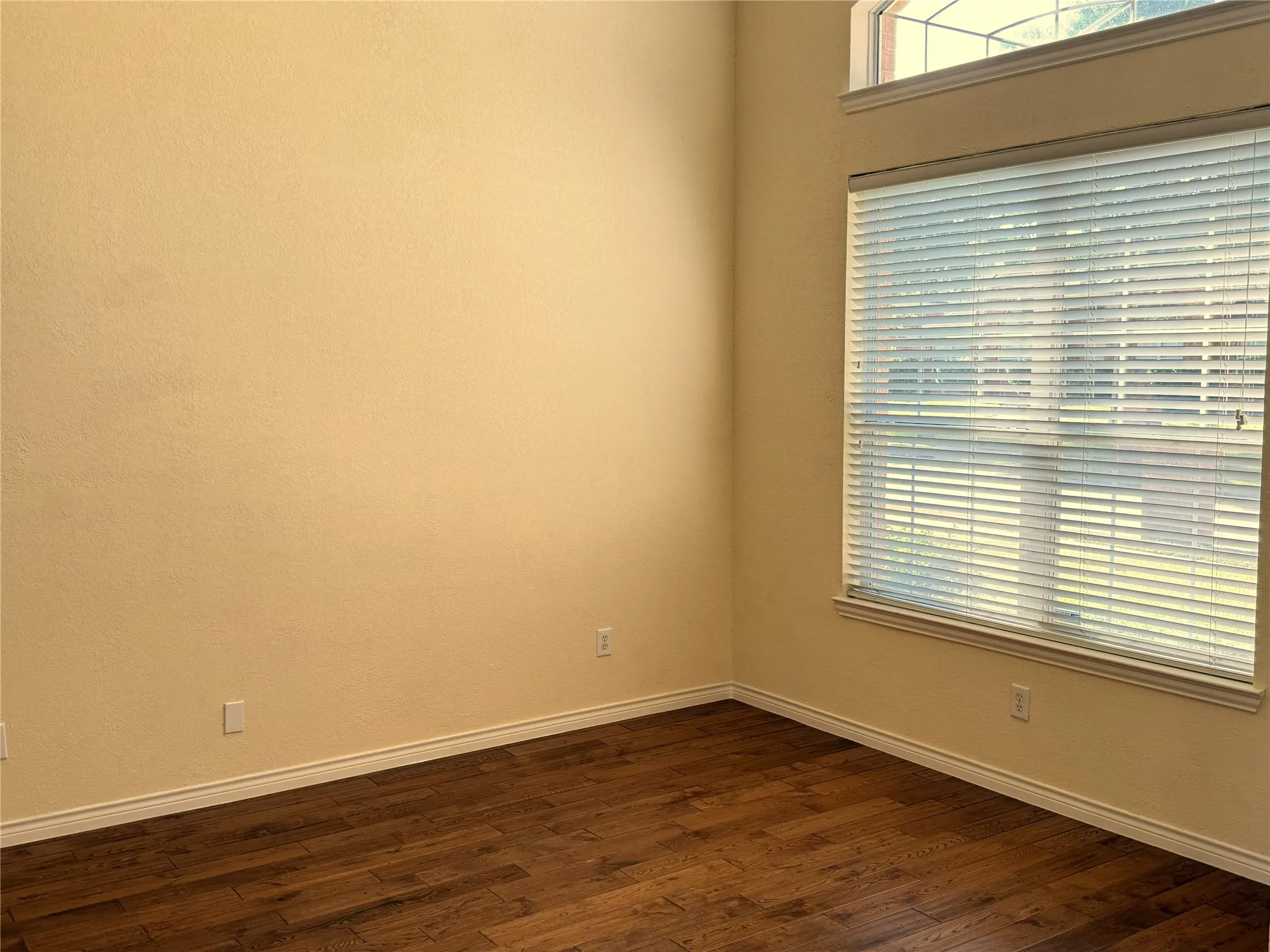 Wood-finish flooring, neutral wall paint, and a large window with white blinds