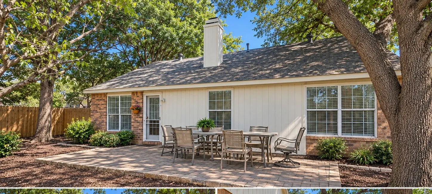 Spacious Outdoor Area with Large Patio & Charming Stone Pathways Offering Plenty of Potential. Back Yard is Currently Not Landscaped/No Grass.