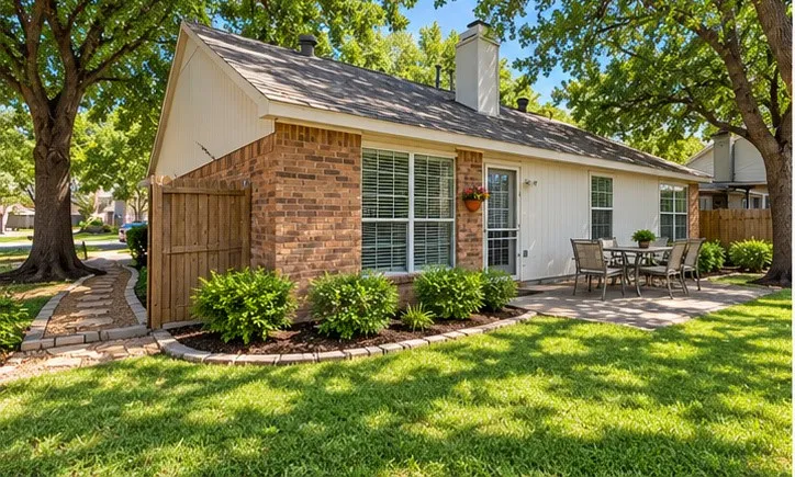 Landscaping Virtually Staged to Show Potential. Backyard is Currently Unlandscaped with No Grass.