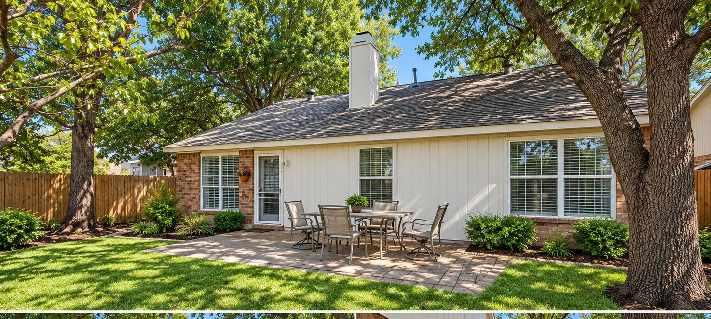 Landscaping Virtually Staged to Show Potential. Backyard is Currently Unlandscaped with No Grass.