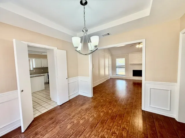 Dining room into Living room with fireplace