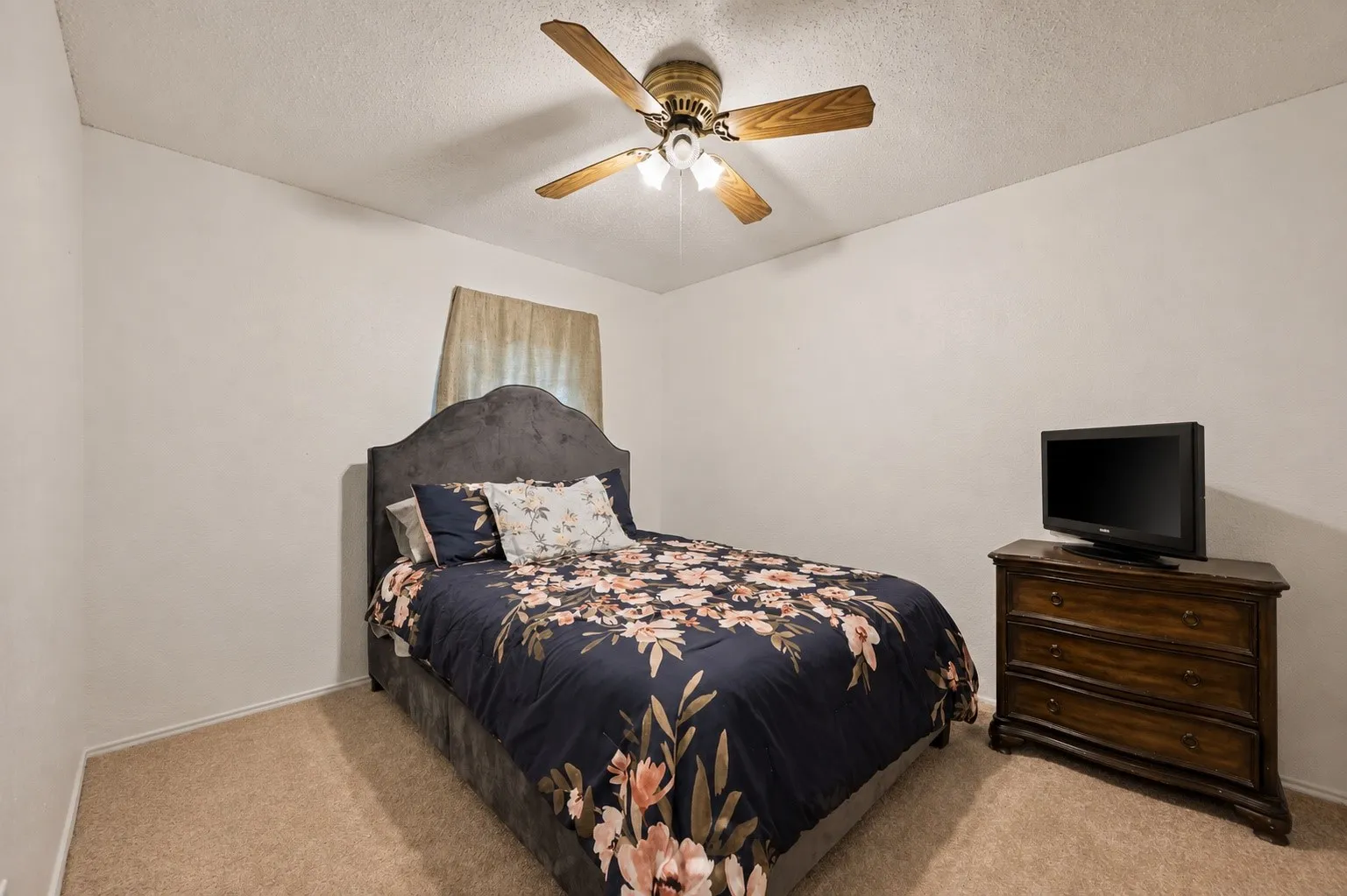 Carpeted flooring with a ceiling fan light fixture