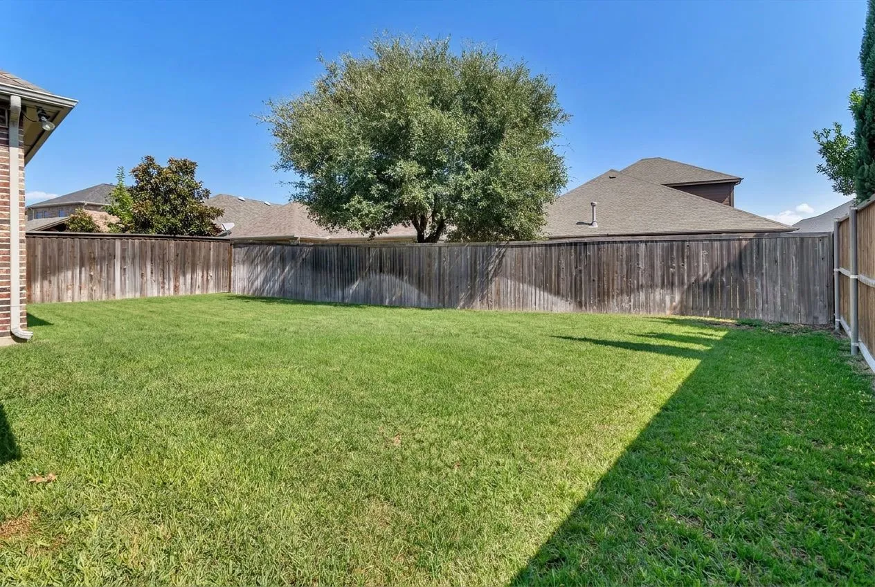 Expansive green lawn with a mature tree and wood privacy fencing