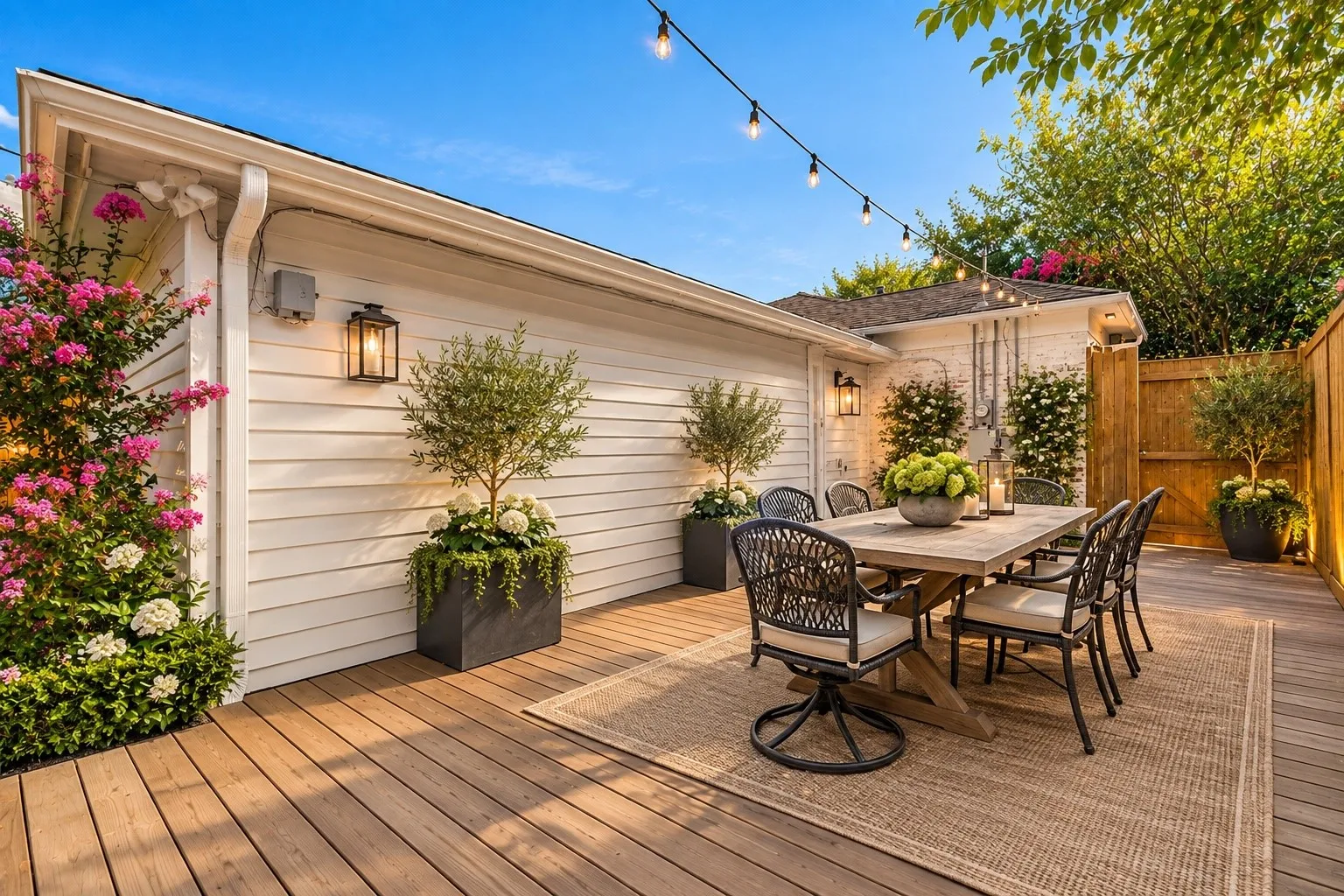 Virtually enhanced with potted plants and a stained deck.