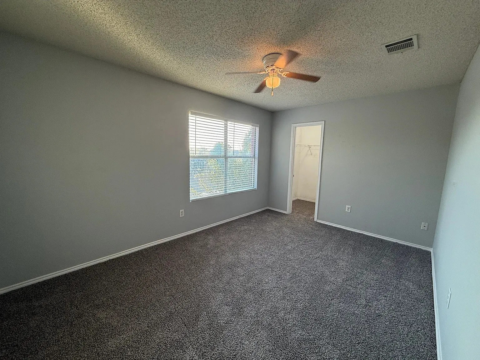 Textured gray carpet, neutral gray wall finish, and a ceiling fan with integrated lighting