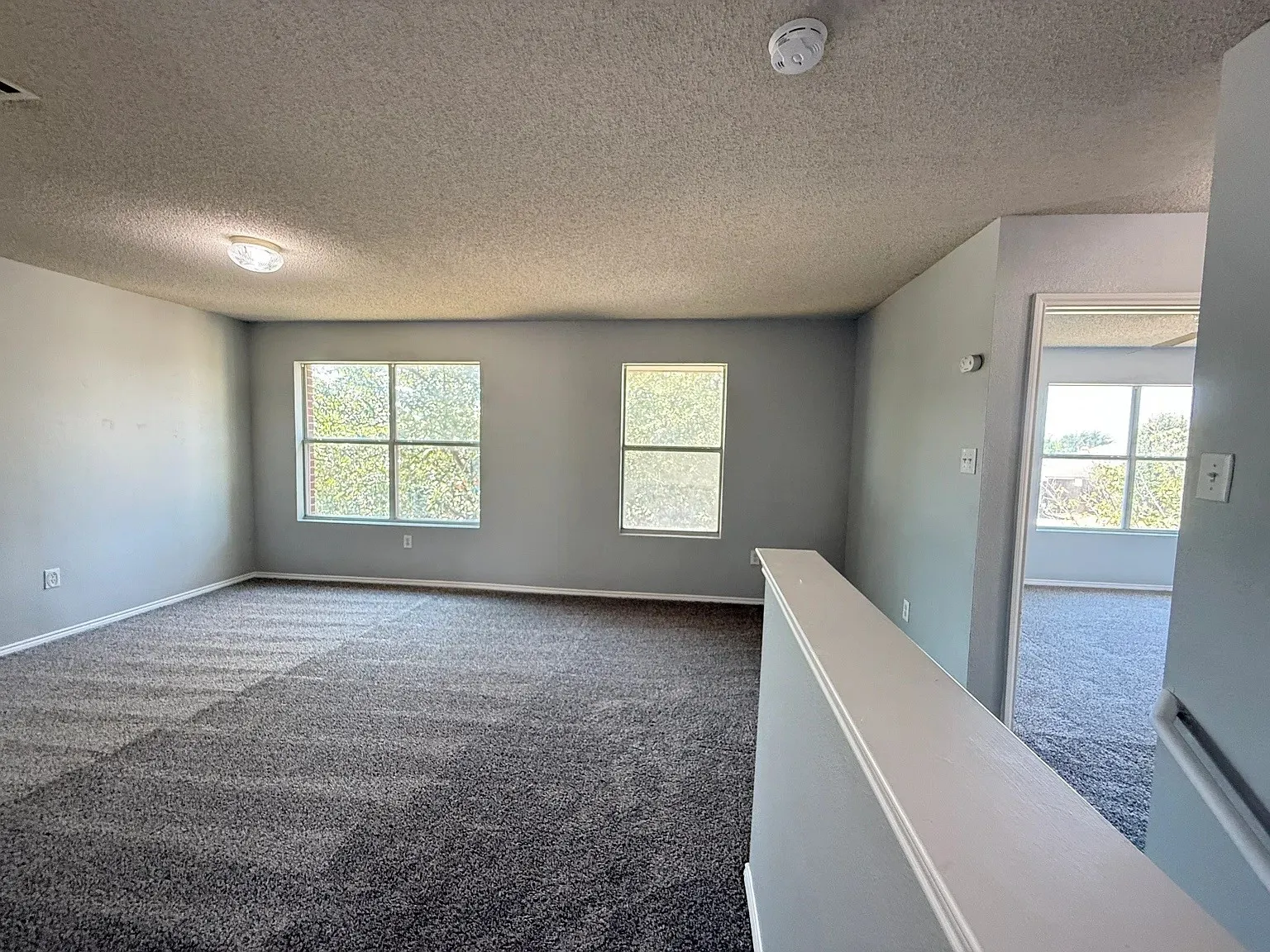 Carpeted room featuring multiple windows, a flush-mount ceiling light, and a smoke detector