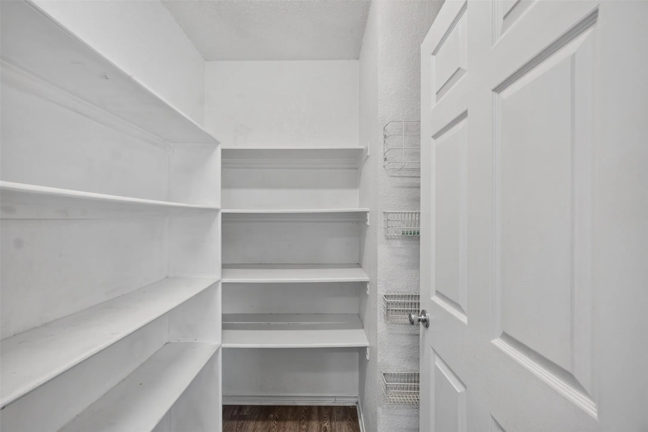 Walk-in pantry featuring extensive built-in shelving, white finish, and wood-finish flooring