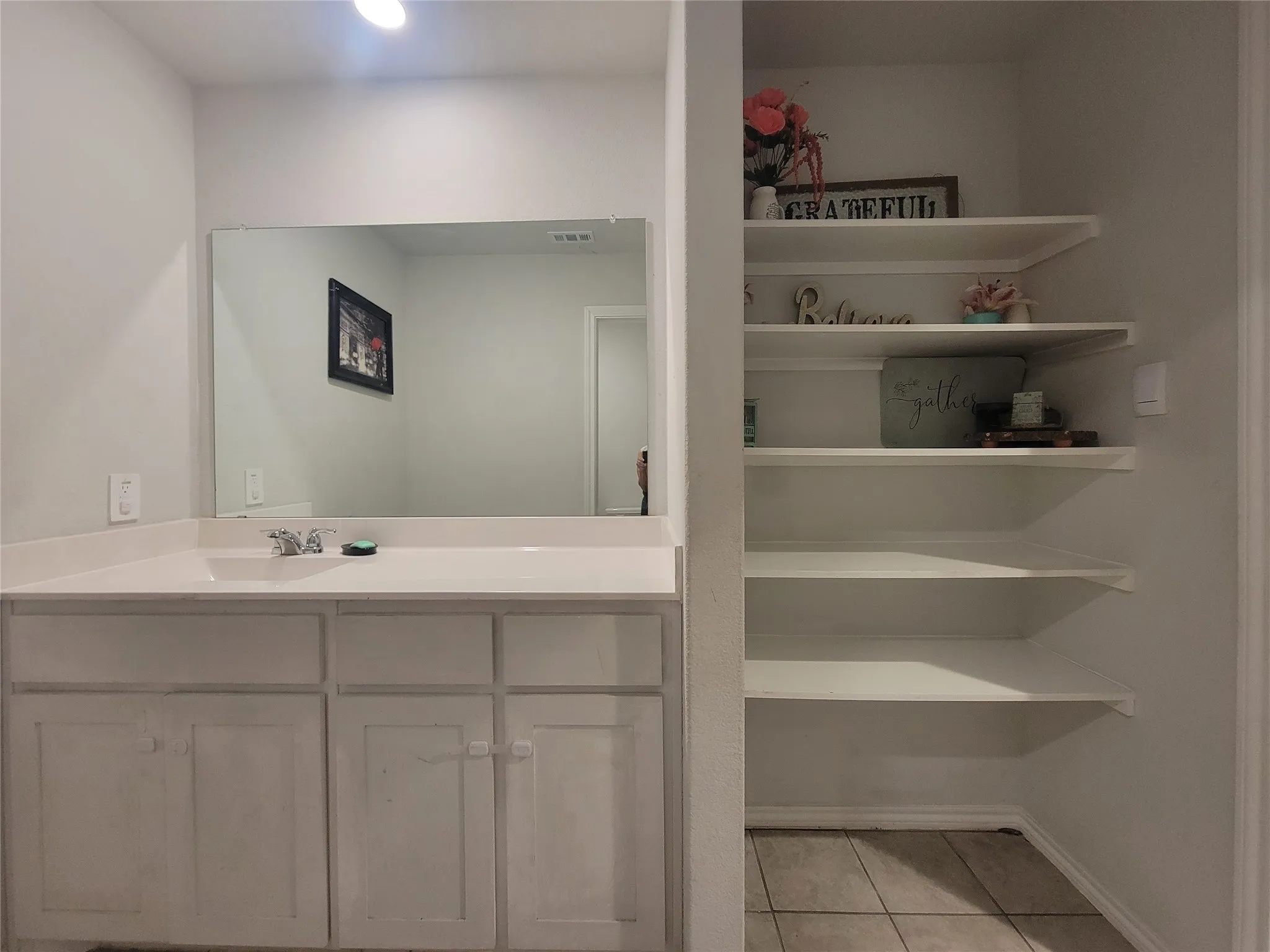 Built-in vanity with integrated sink, expansive countertop, and under-cabinet storage
