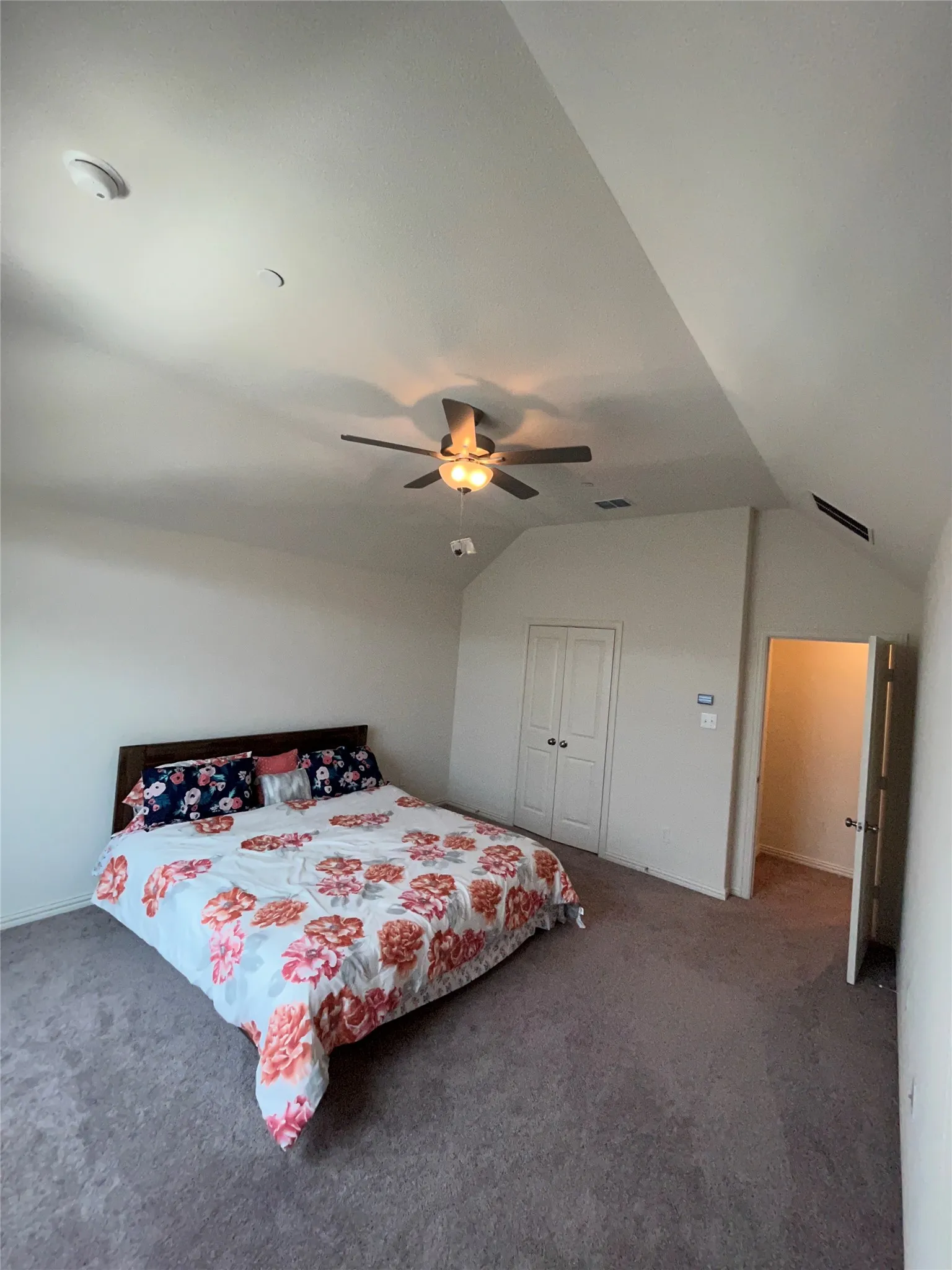 Bedroom with ceiling fan, vaulted ceiling, and a walk-in closet