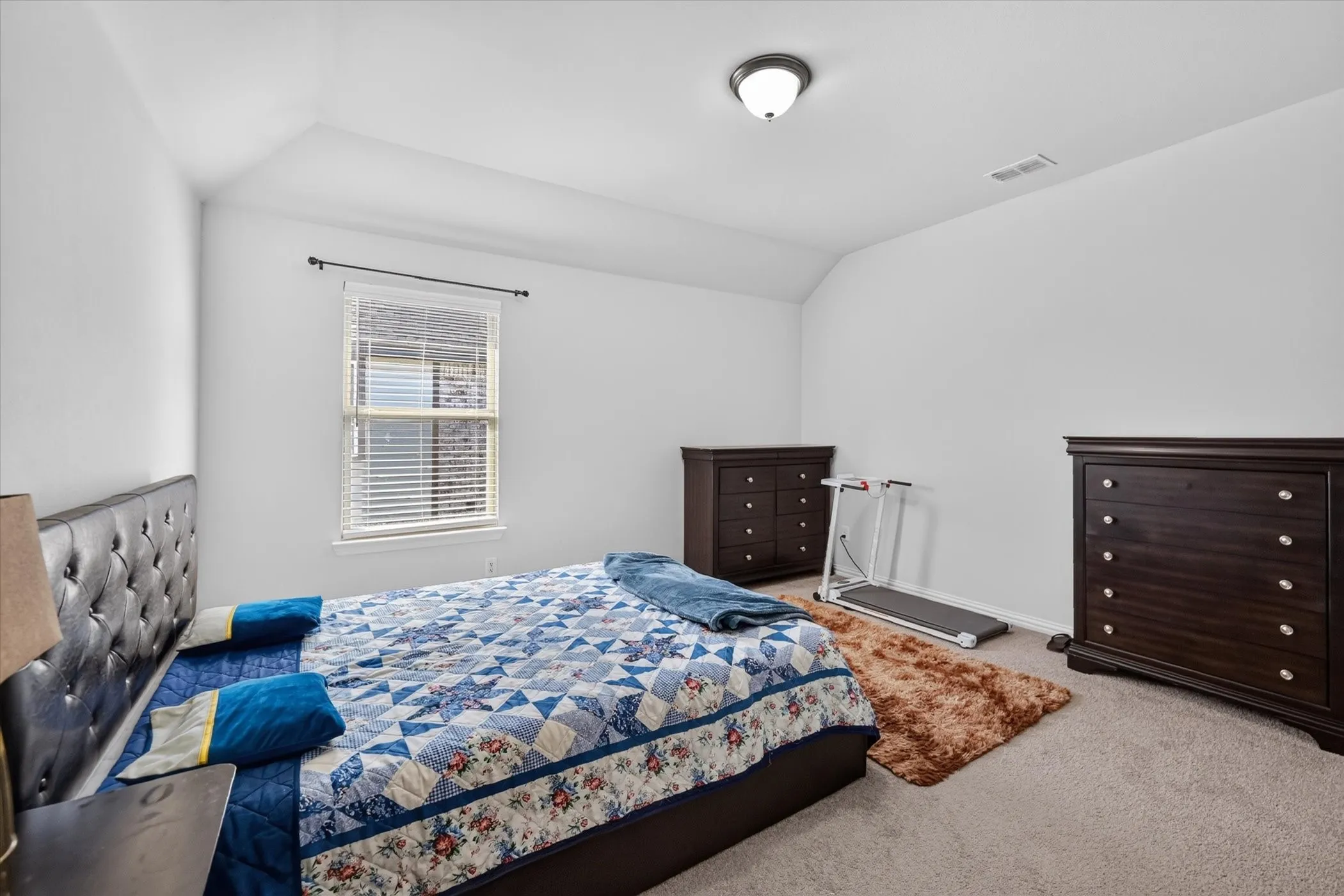 Carpeted bedroom with a vaulted ceiling, single window with blinds, and flush-mount ceiling light