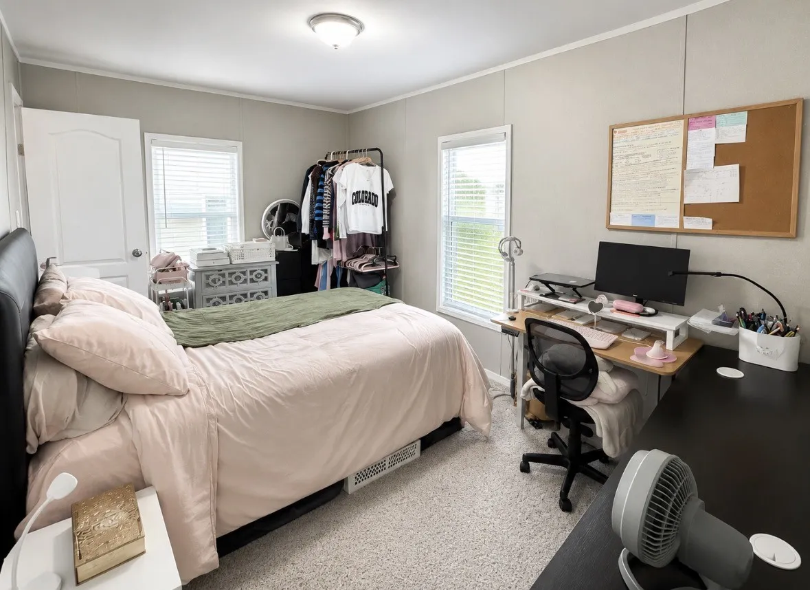 Bedroom 3 with recessed lighting, light gray wall finishes, two windows with blinds, and carpeted flooring