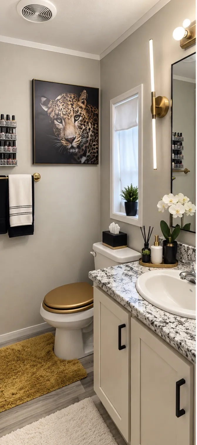 Wood-finish flooring, white vanity with black hardware, granite-style countertop, integrated sink, and wall-mounted lighting and good toilet seat