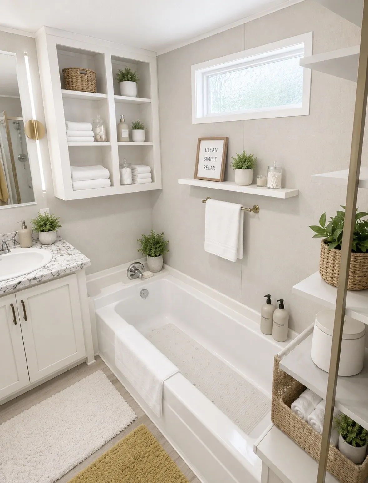 White vanity with a stone-finish countertop and undermount sink