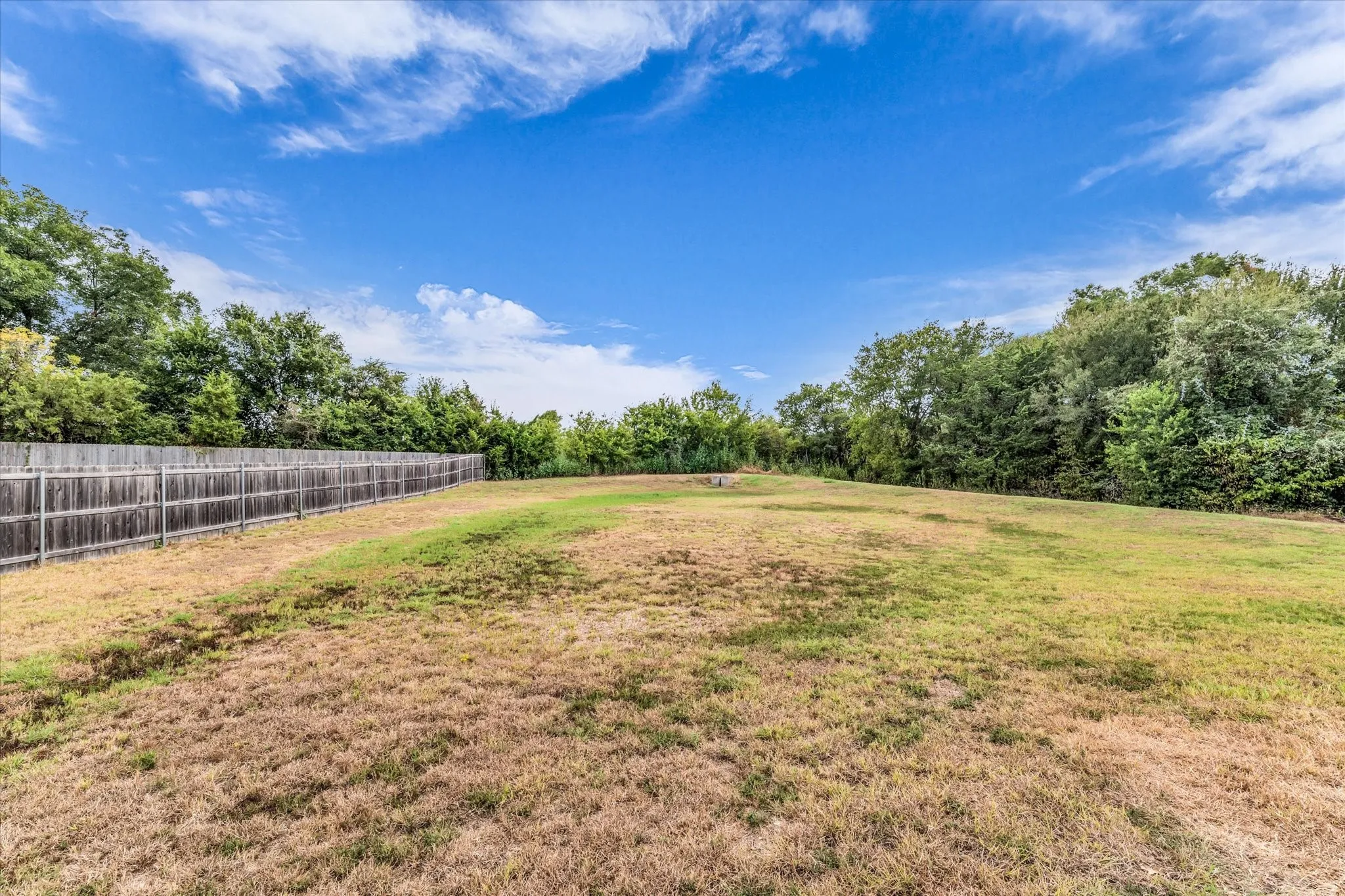 Expansive exterior grounds featuring a wooden fence and mature perimeter trees