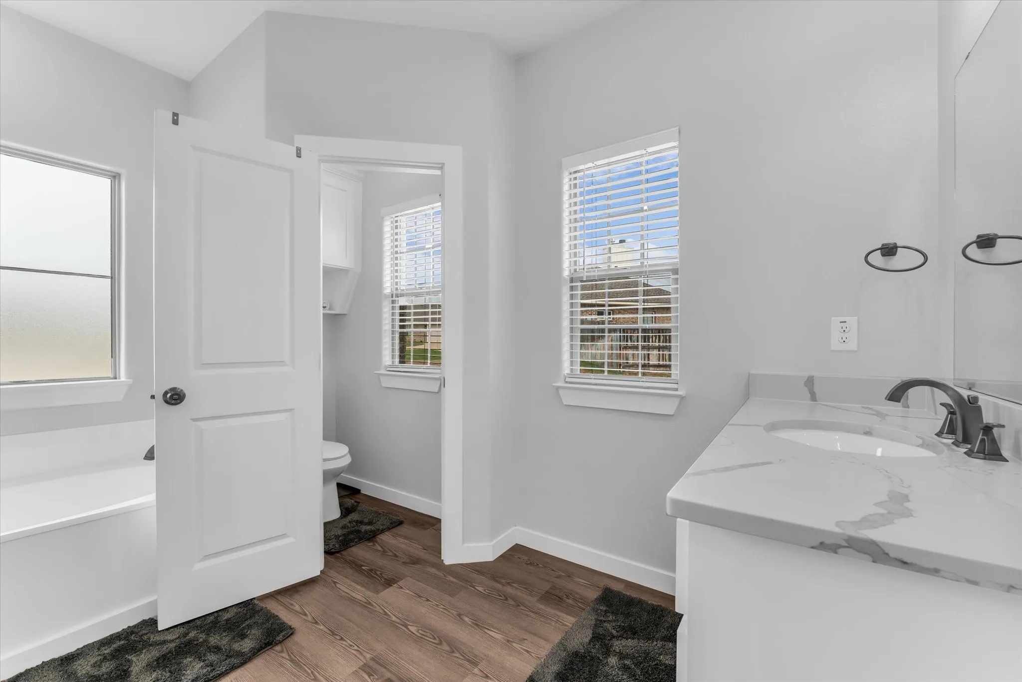 Dual-sink vanity with a light-toned countertop, wood-finish flooring, and white paneled doors