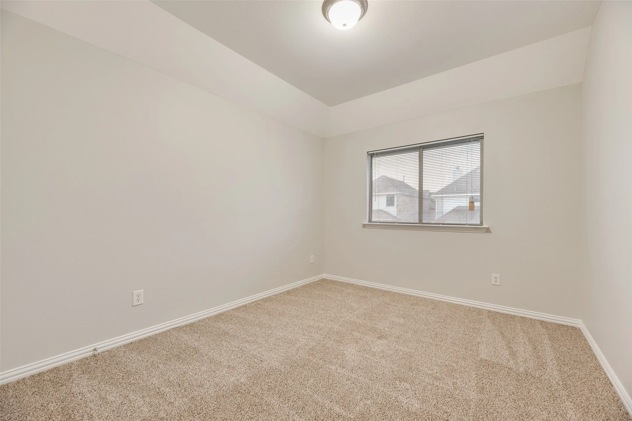 Tray ceiling with flush mount lighting, neutral tone carpeting, and a window with blinds