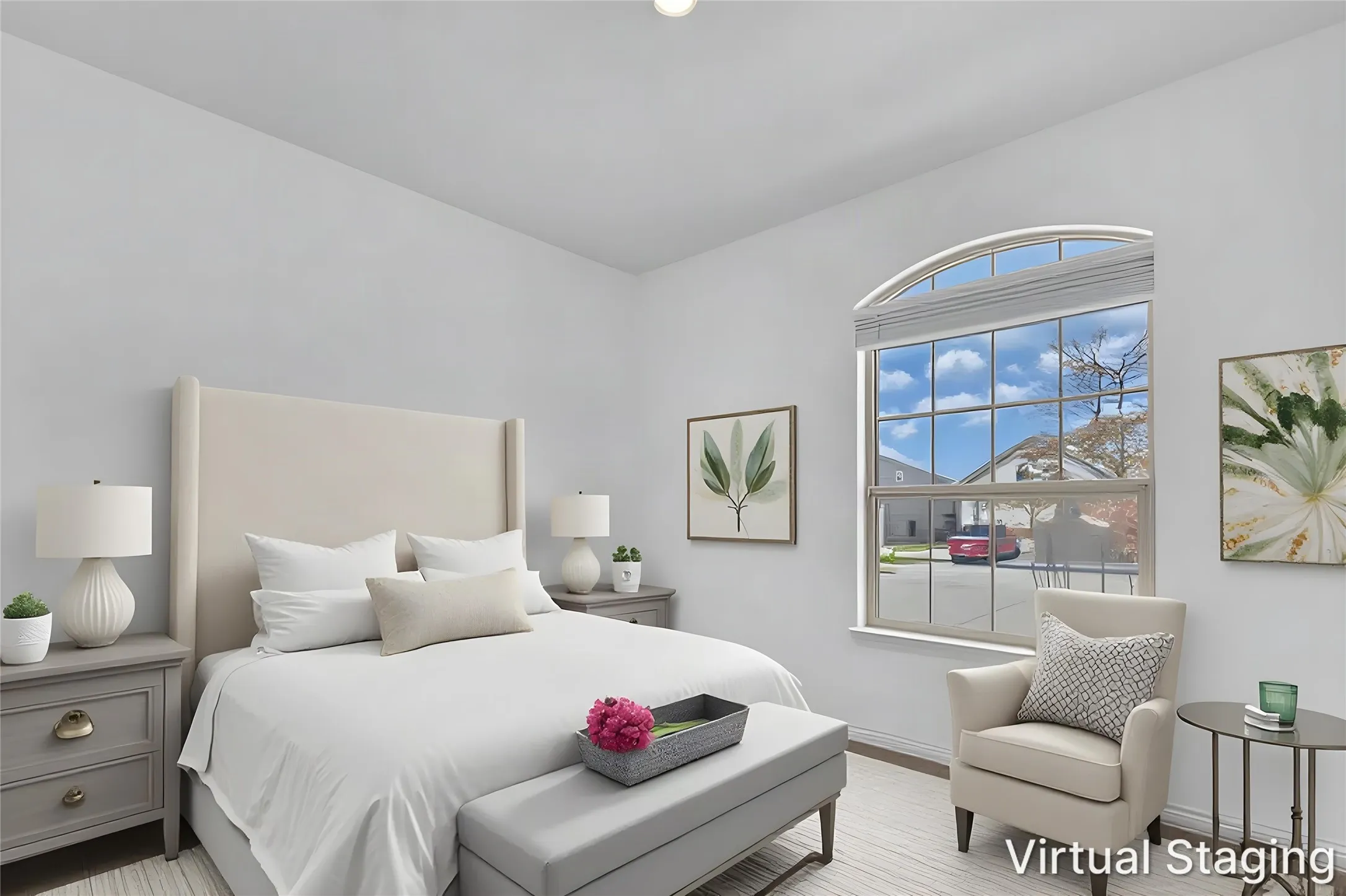 Virtually staged front bedroom with an arched-top window, showing a sample bedroom furniture layout