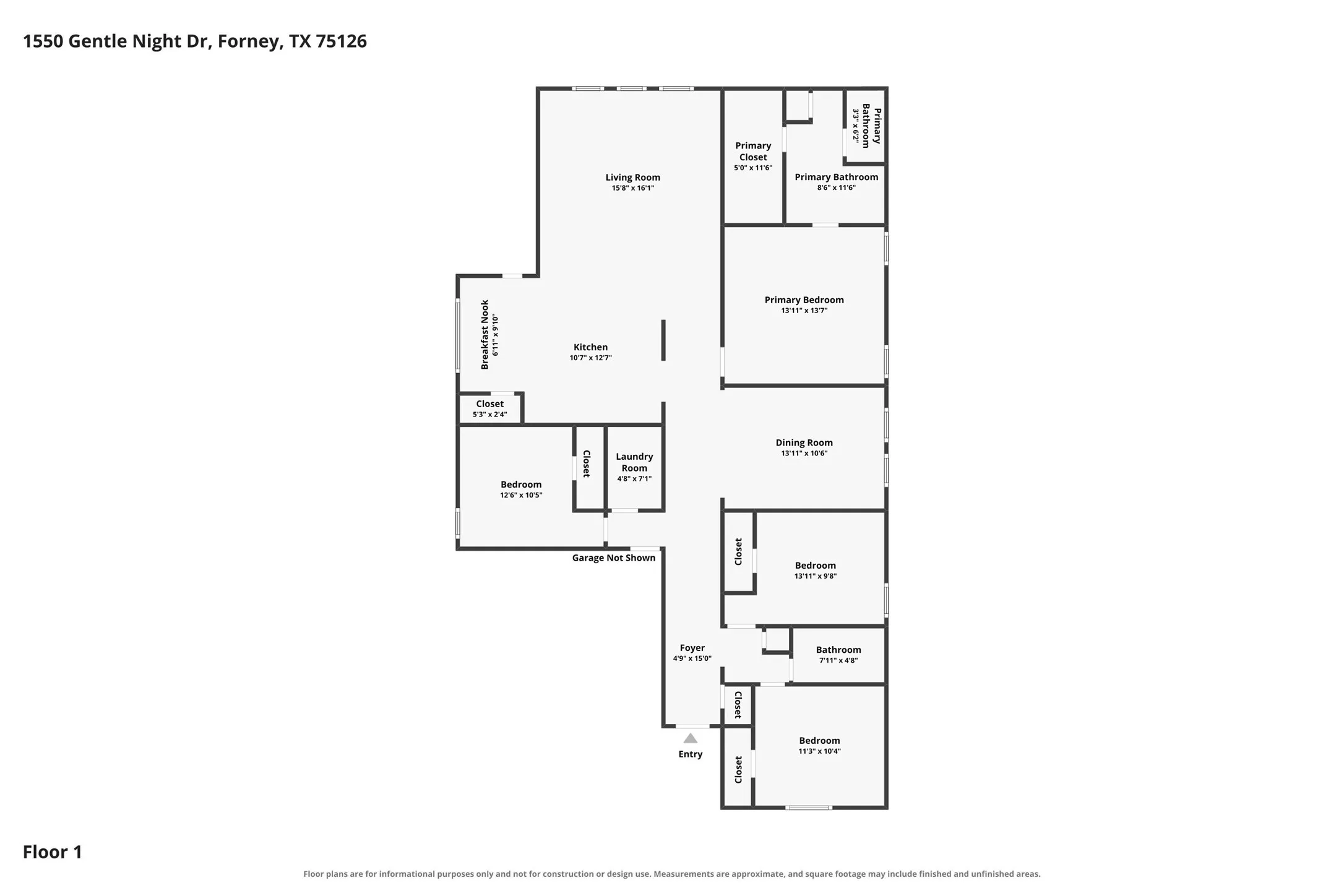 Floor plan of the single-story layout showing four bedrooms, two baths, living room, kitchen, nook, and dining room