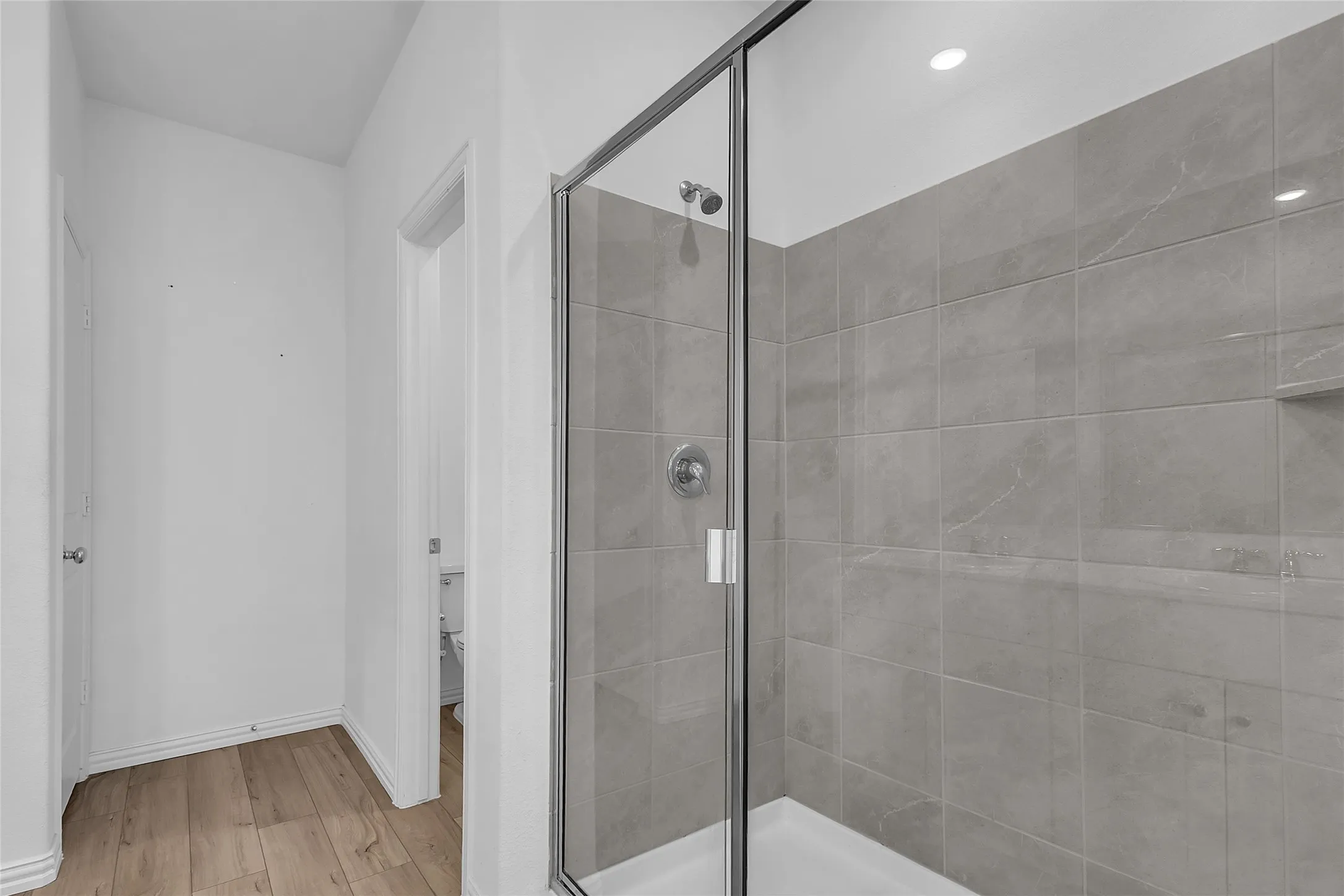 Primary bath walk-in shower with a glass door and gray tile surround, next to a private toilet room