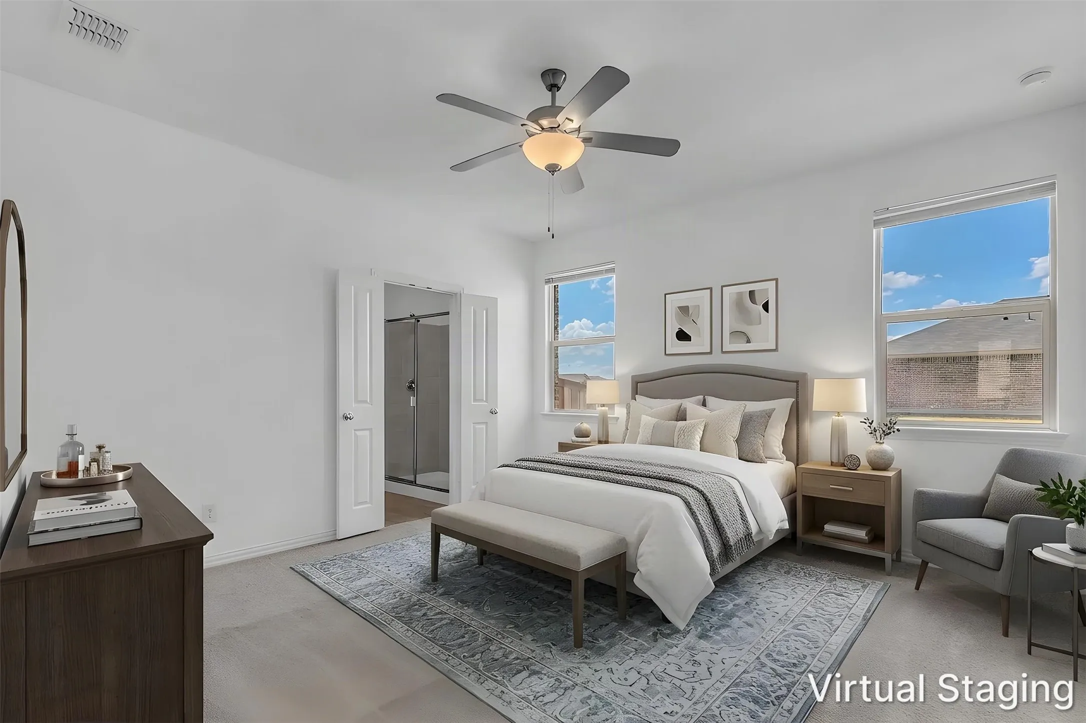 Virtually staged primary bedroom with a ceiling fan, two windows, and double doors to the primary bath