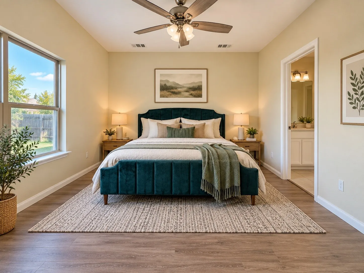 Wood-finish flooring, ceiling fan, and a wide window providing natural light