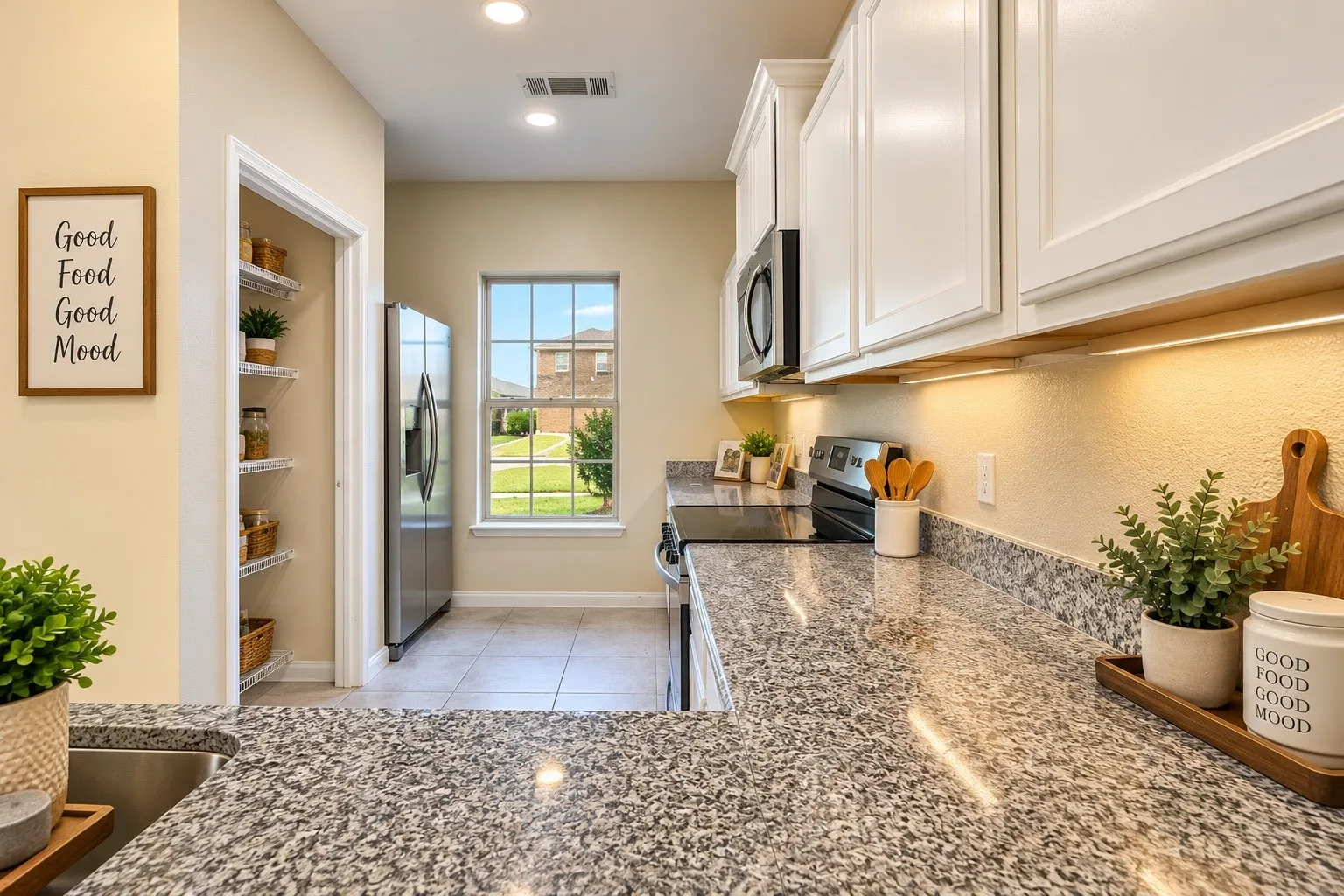 Granite-patterned countertops, white upper and lower cabinetry, stainless steel appliances, under-cabinet lighting, and a pantry with built-in shelving