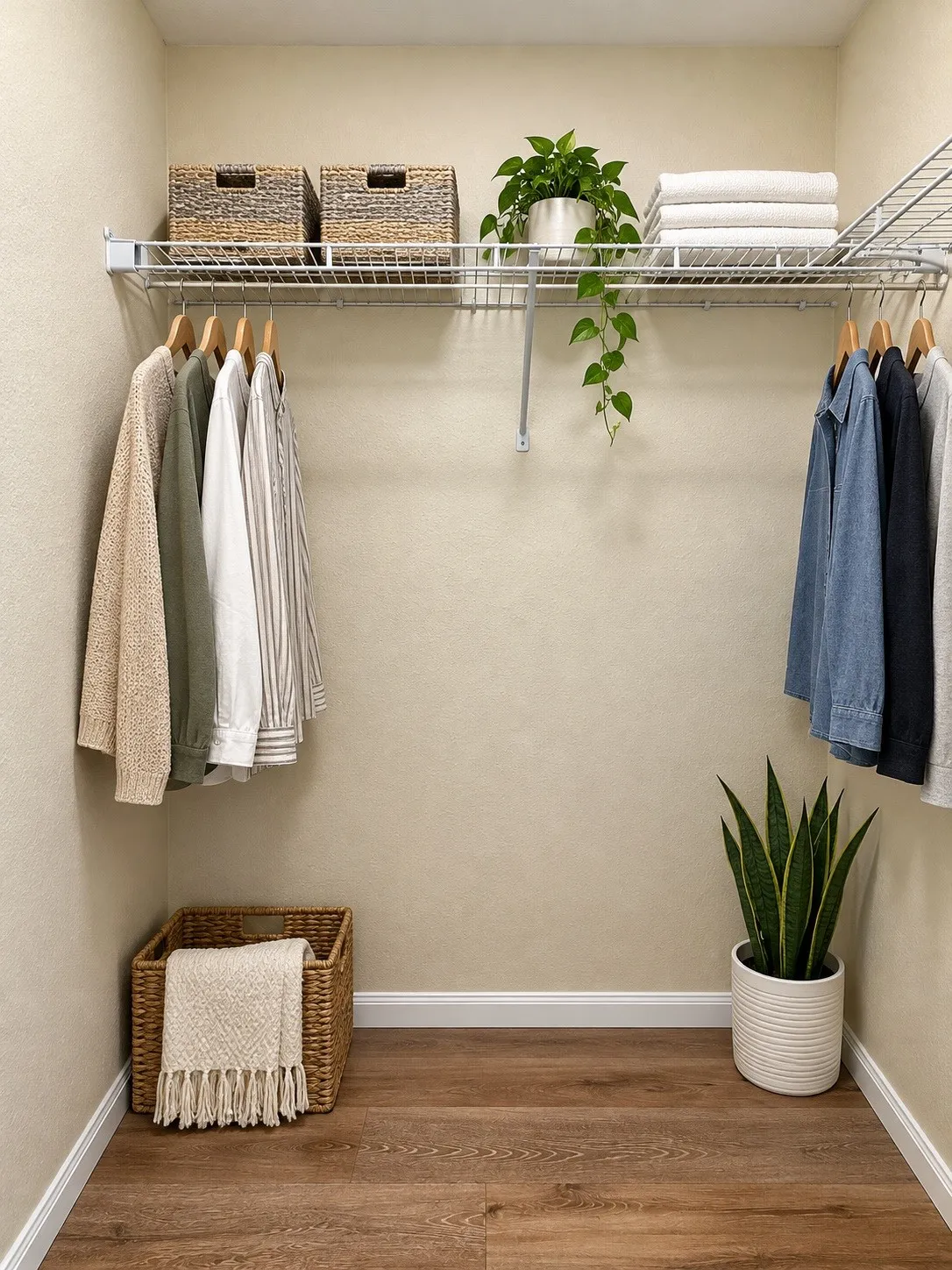 Wire shelving system with integrated hanging rods and wood-finish flooring