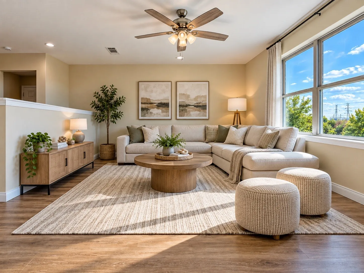 Recessed lighting, wood-finish flooring, a ceiling fan with integrated lighting, and multiple large windows