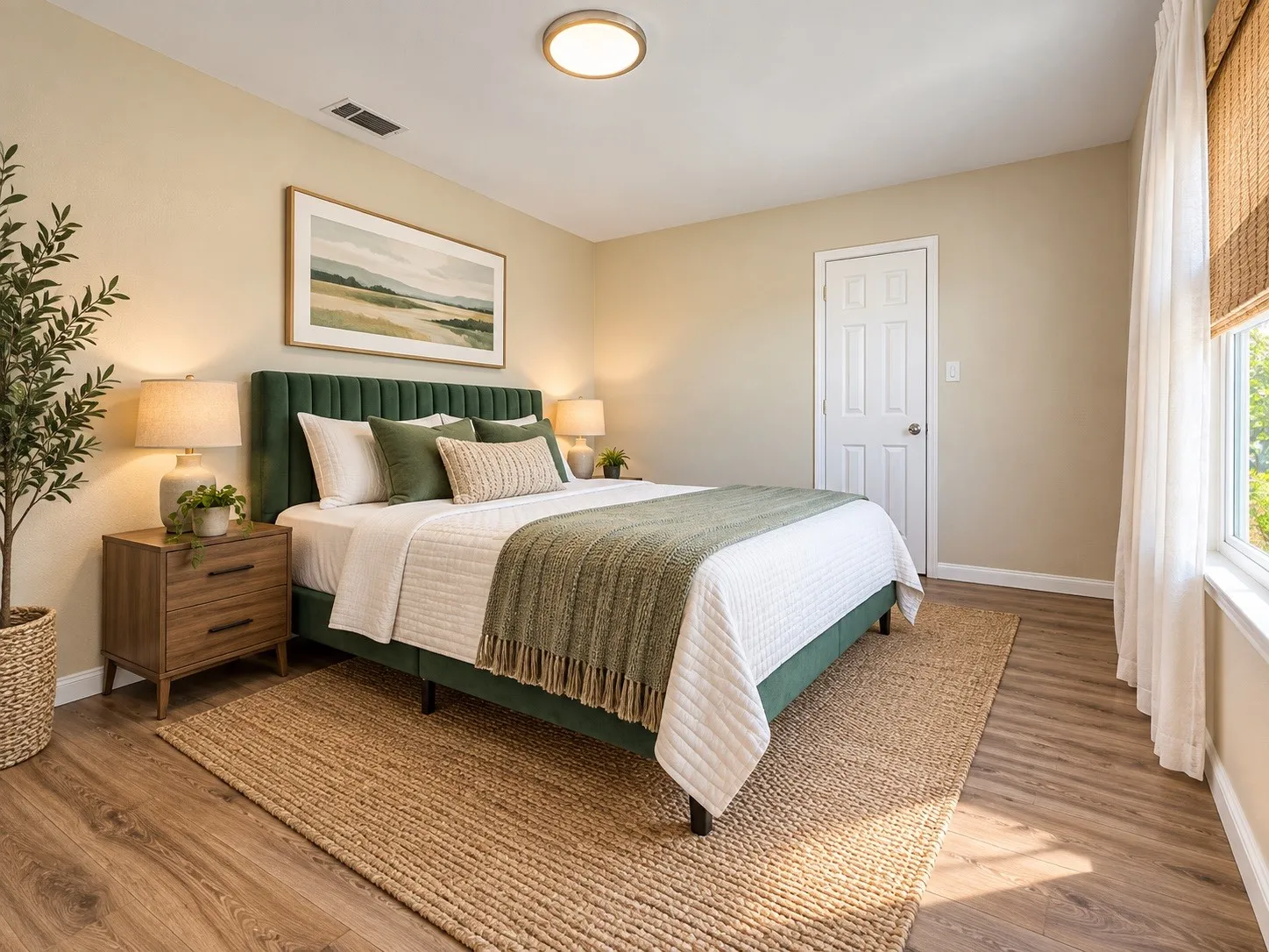 Warm neutral wall tones, wood-finish flooring, a contemporary ceiling light fixture, a white paneled door, and a window with a woven shade