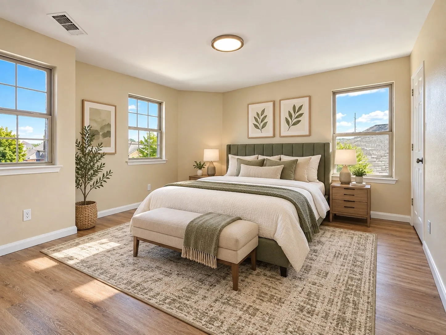 Recessed ceiling light, multiple windows, wood-finish flooring, and light-toned walls