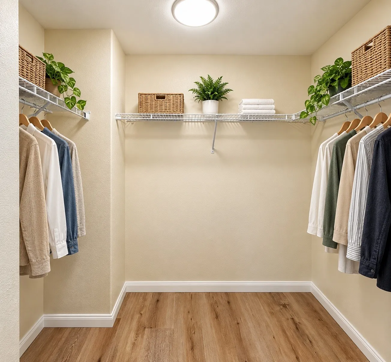Walk-in closet featuring wood-finish flooring, white baseboards, a flush-mount ceiling light, and extensive wire shelving with integrated hanging rods